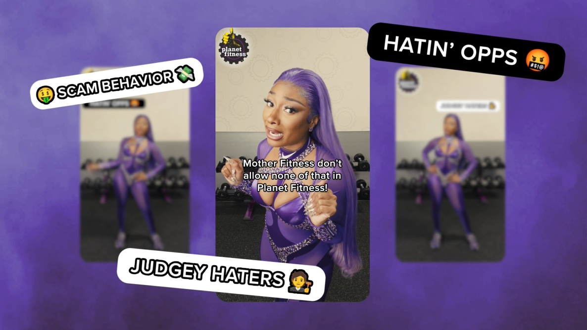A woman with long purple hair wearing a purple workout outfit in a gym. The image has overlaid text and graphics including phrases like "SCAM BEHAVIOR," "JUDGEY HATERS," and "HATIN' OPPS," and a logo of Planet Fitness.