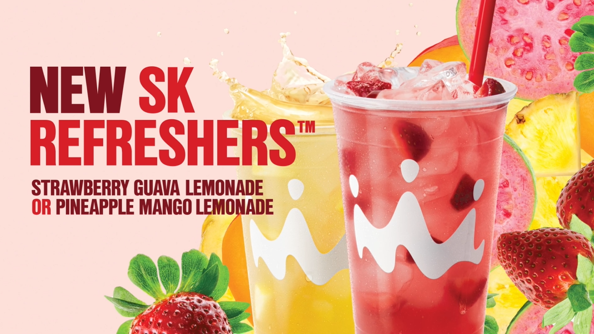 Advertisement for new SK Refreshers drinks featuring strawberry guava lemonade and pineapple mango lemonade, with images of colorful fruit and the beverages with ice.