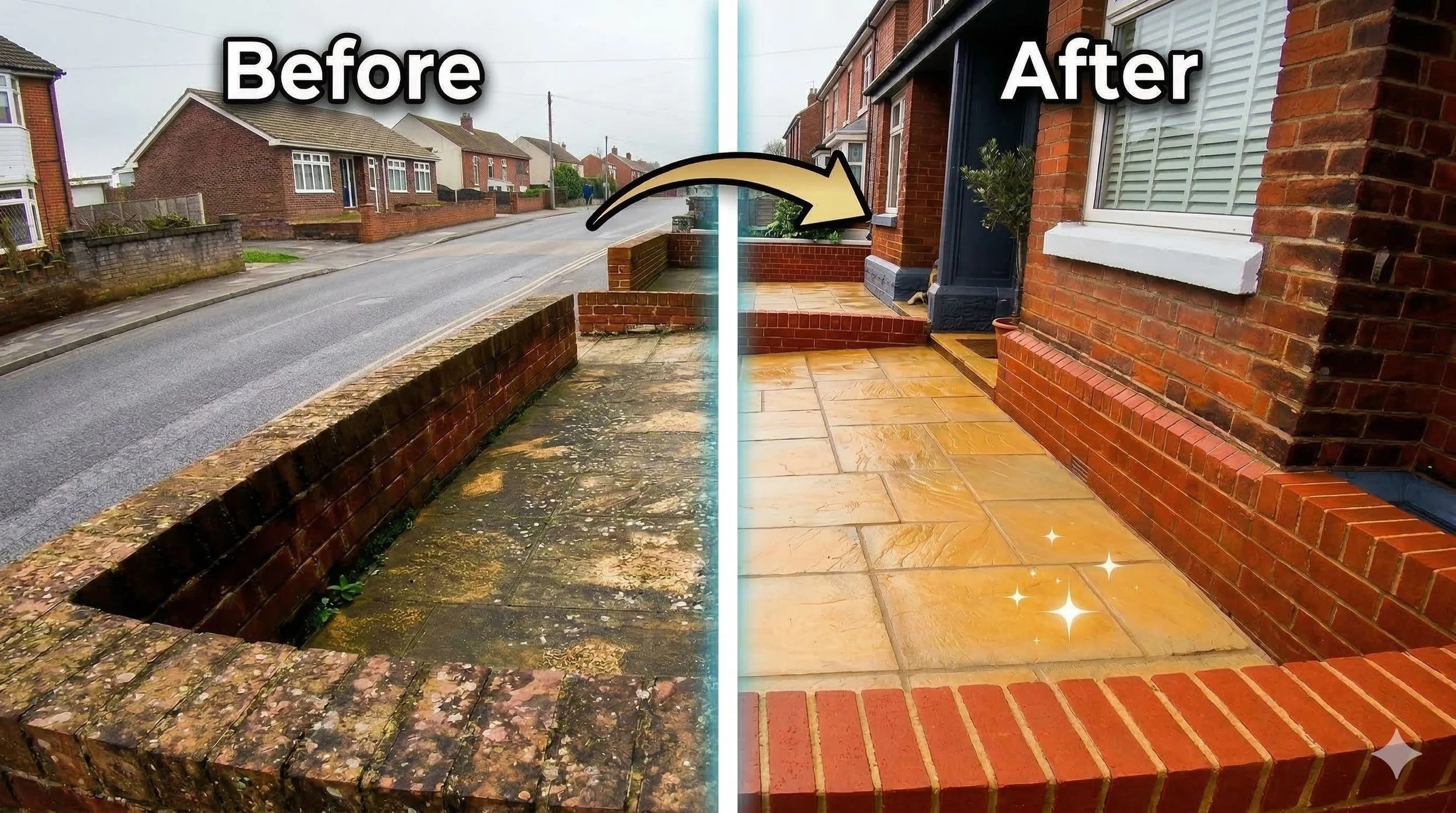 Comparison of an outdoor sidewalk before and after cleaning and renovation. The left side shows a dirty, moss-covered brick sidewalk, while the right side shows a clean, polished, and newly renovated brick sidewalk with sparkles indicating cleanliness.