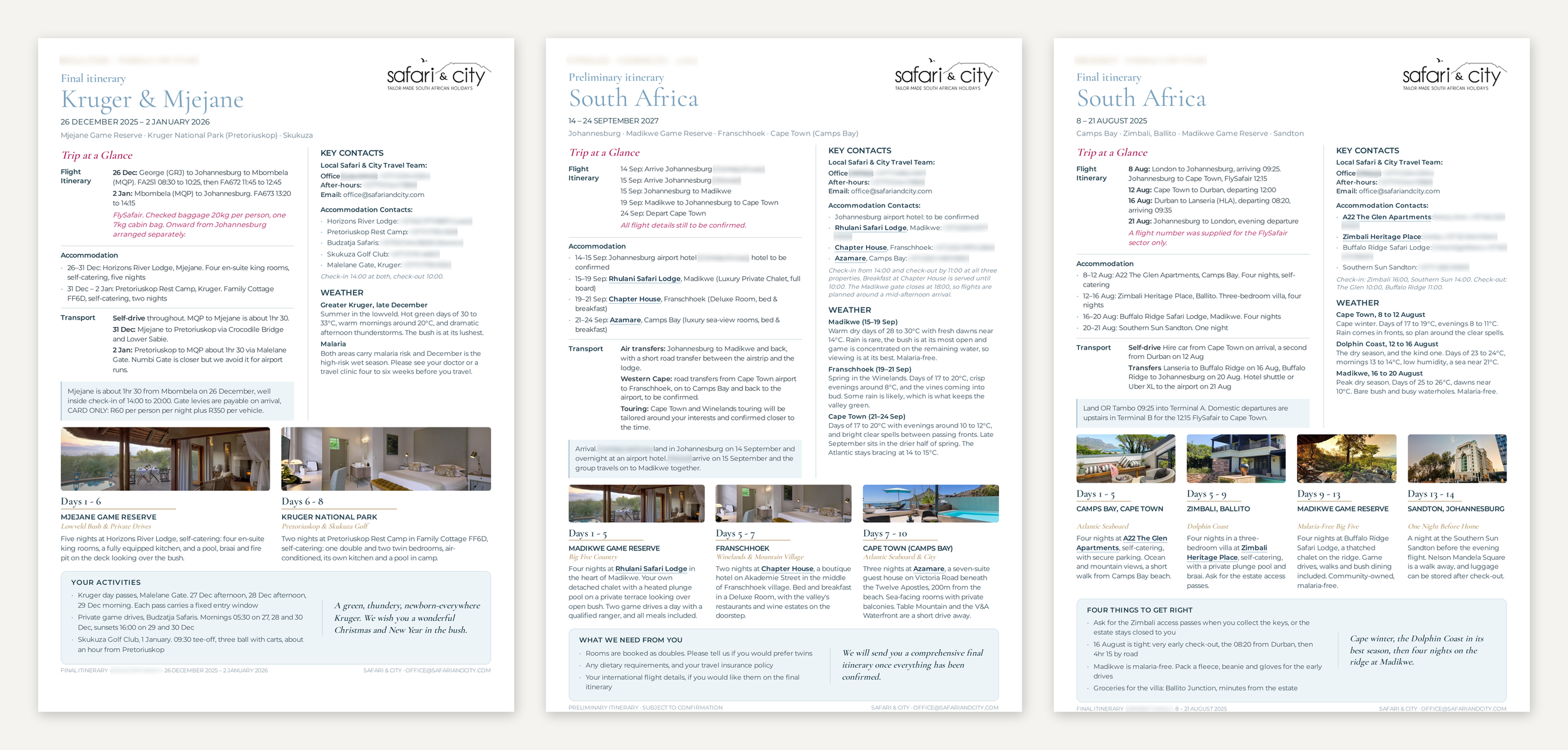 Three client itineraries produced by the same script, side by side, the page adapting from a two-stop trip to a four-stop trip.
