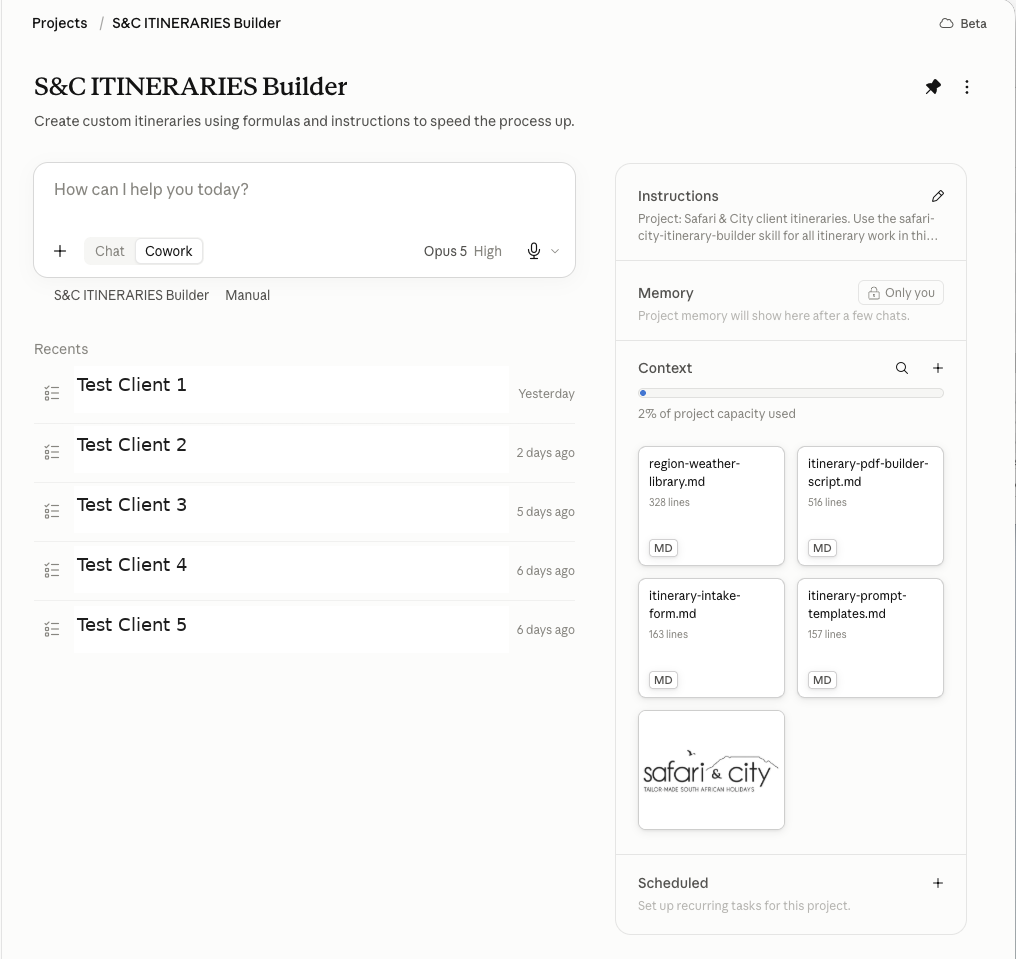 An itinerary generator set up as a Claude project, showing four project documents and a list of per-client chats