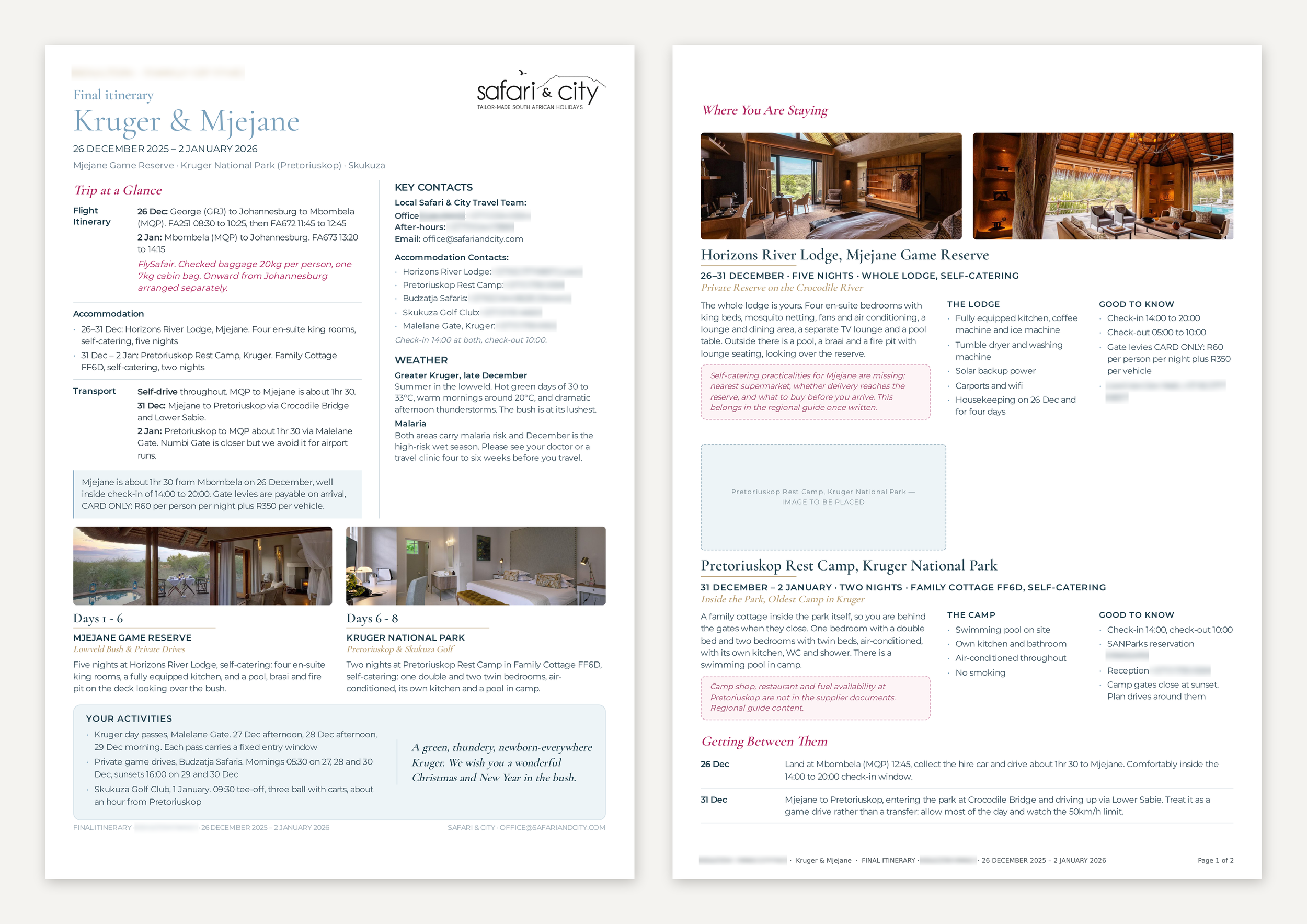 A two-page first draft final itinerary showing required info and photo missing