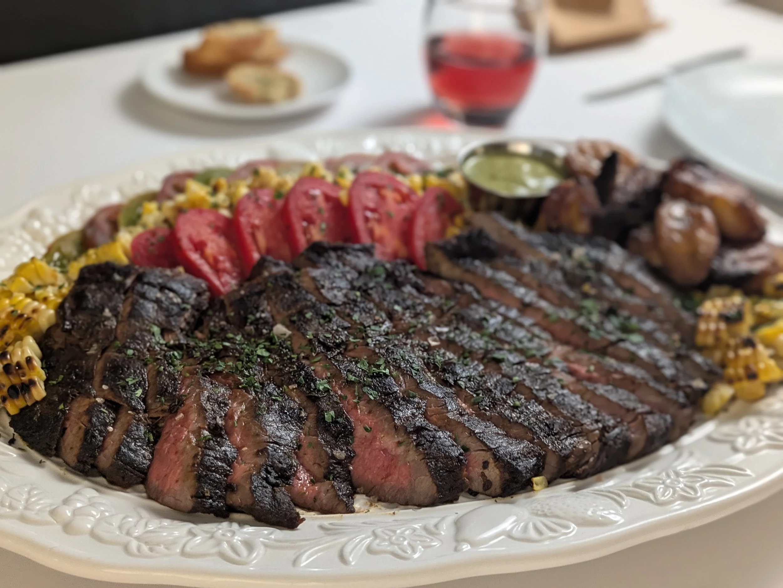 Carved steak with summer vegetables and salsa verde - personal chef service MA