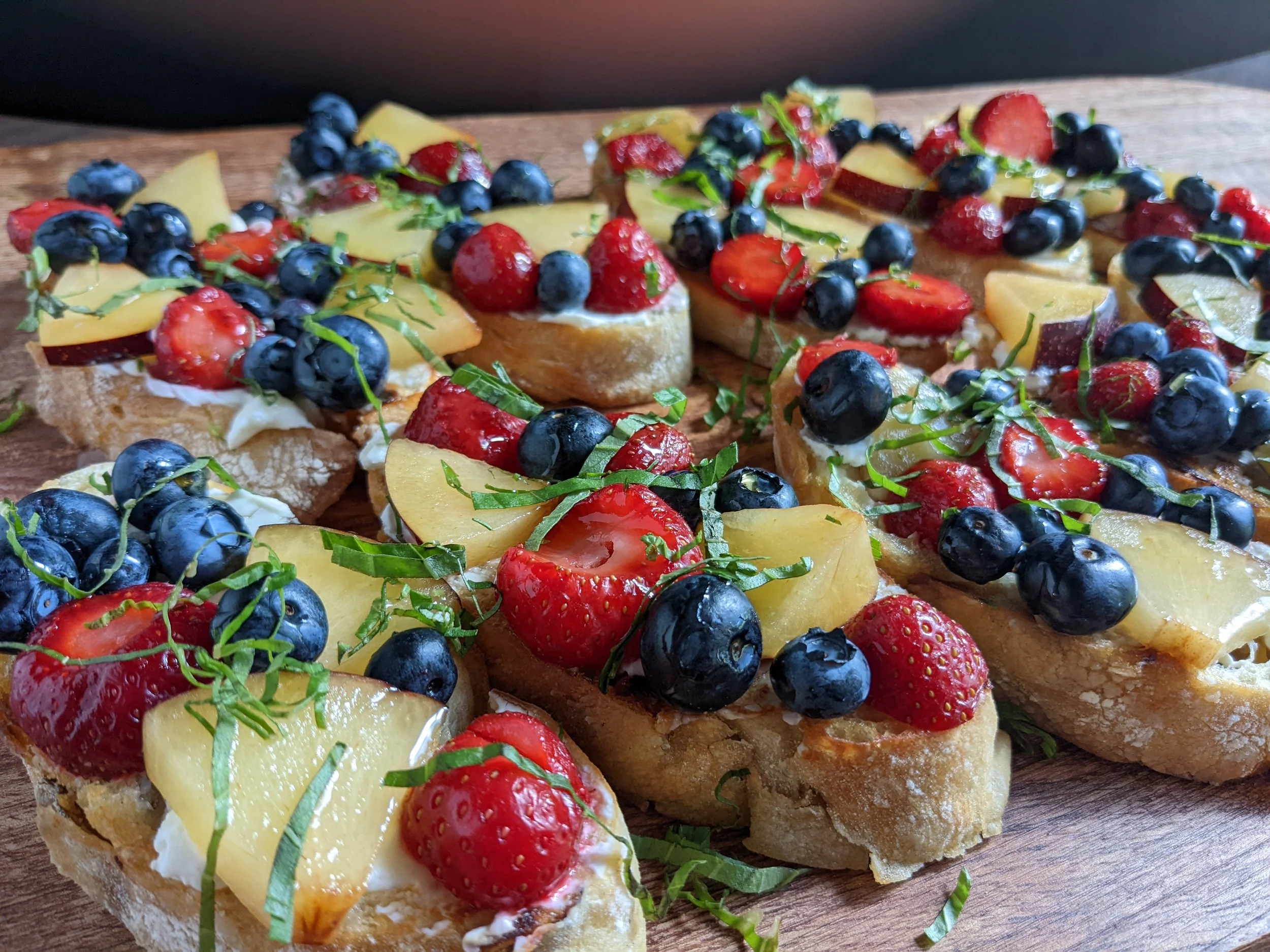 Fresh fruit bruschetta with mascarpone, fresh basil, and honey - Personal chef MA