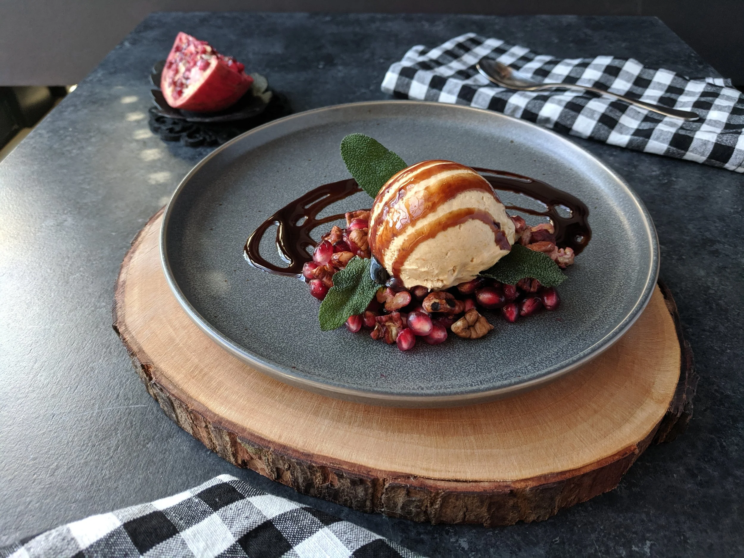 Pumpkin semifreddo with pomegranate, nuts, and sage - recipe testing