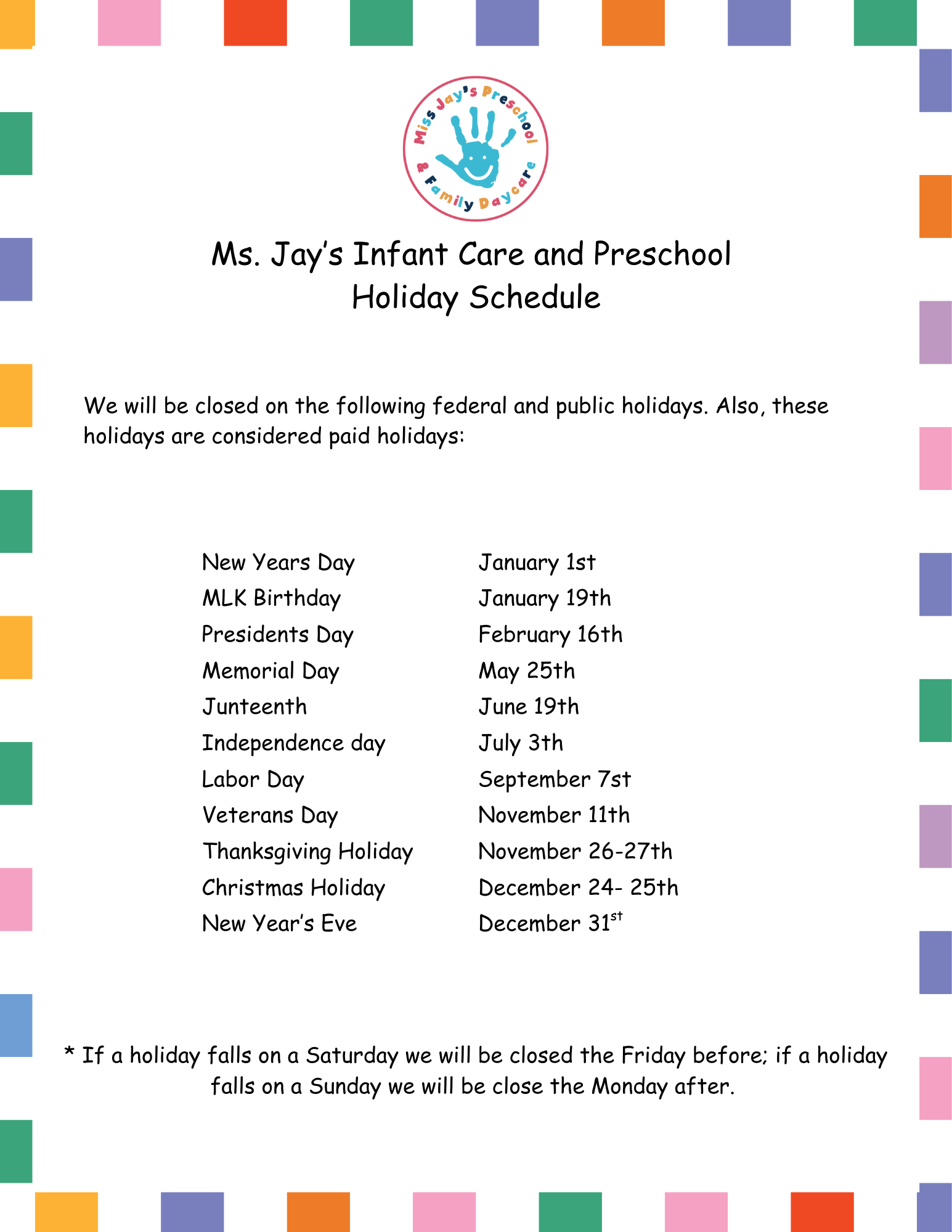 Holiday Schedule