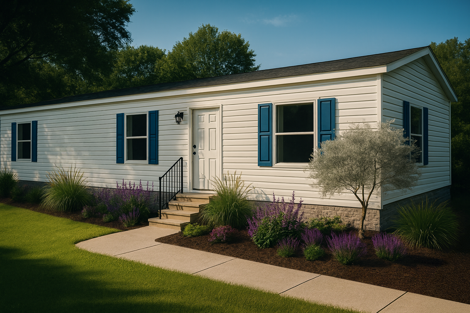 Front of a white house with blue shutters, a white door, and a small set of stairs leading to the entrance. There are landscaped plants and shrubs in front of the house, a sidewalk, green lawn, and a background of trees under a blue sky.