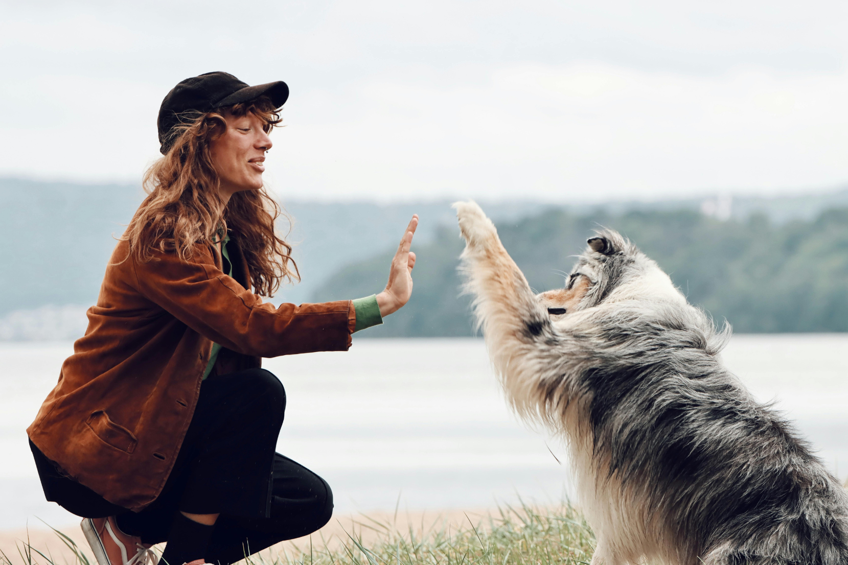 A woman crouches near a lake, giving a high-five to an Australian shepherd dog. The woman has curly red hair, is wearing a black cap, brown jacket, and green shirt. The dog has gray, white, and black fur, and is sitting on the grass with one paw raised to meet the woman's hand.