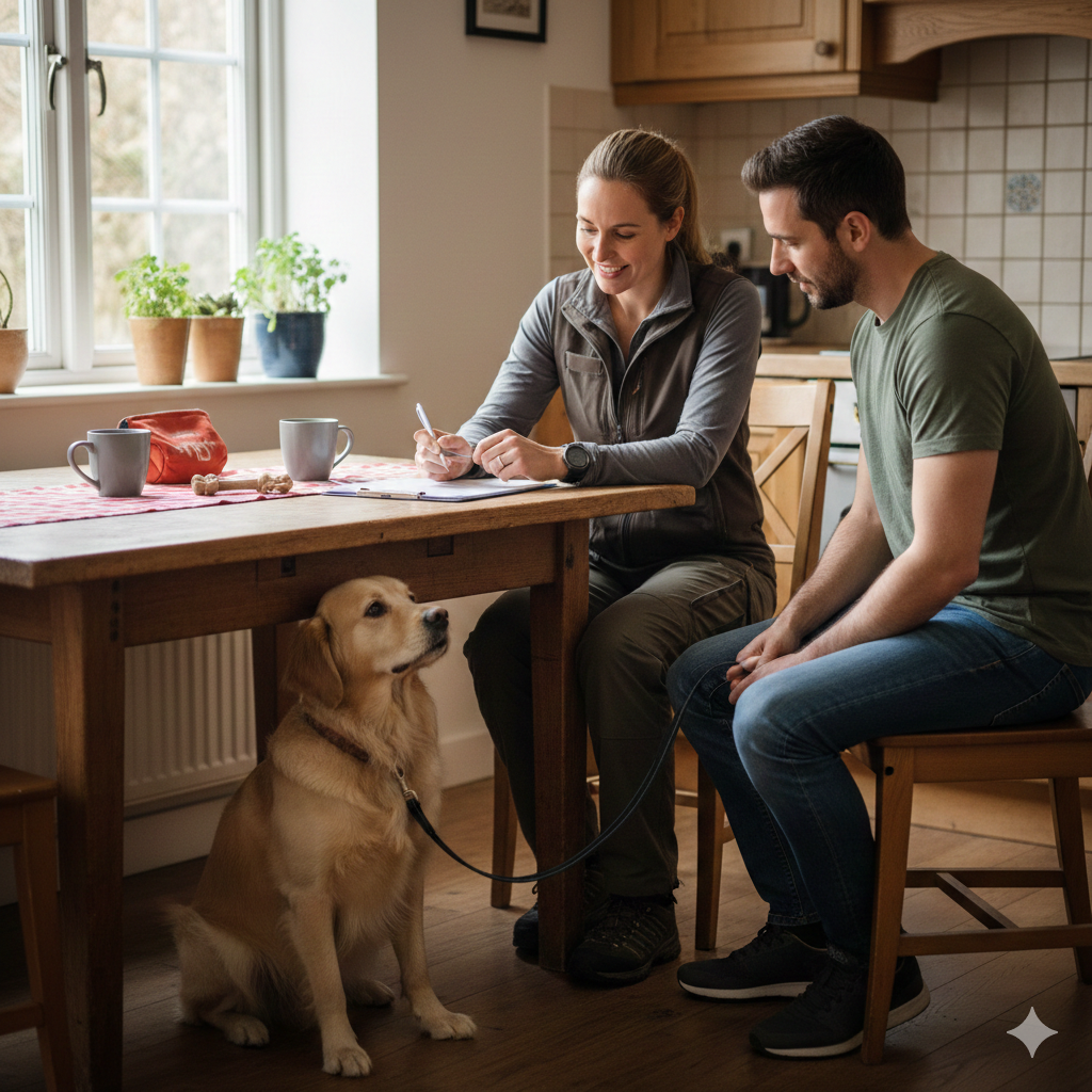 A couple with their dog using a computer at home.
