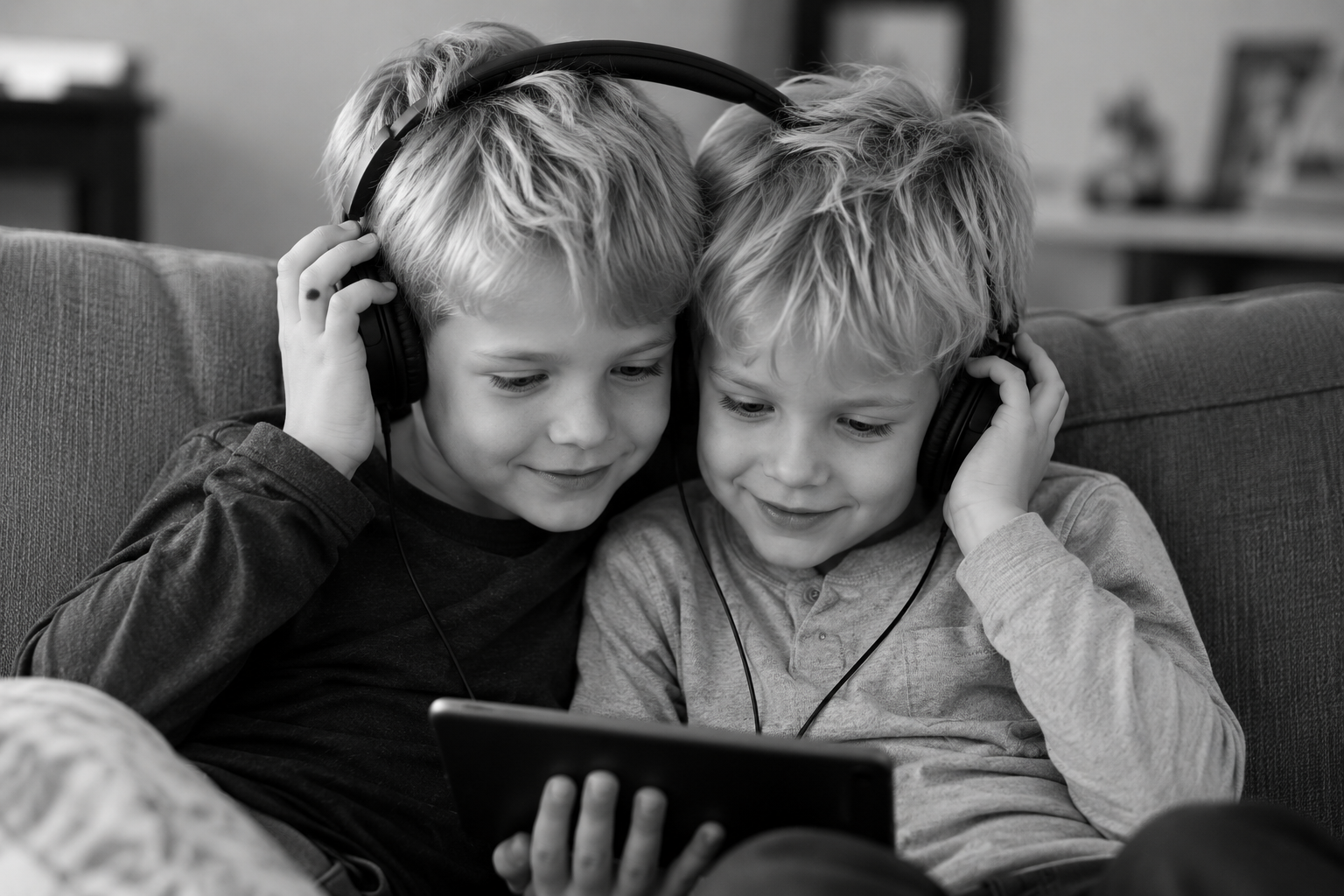 Two young boys with headphones looking at a smartphone together on a couch in a living room.