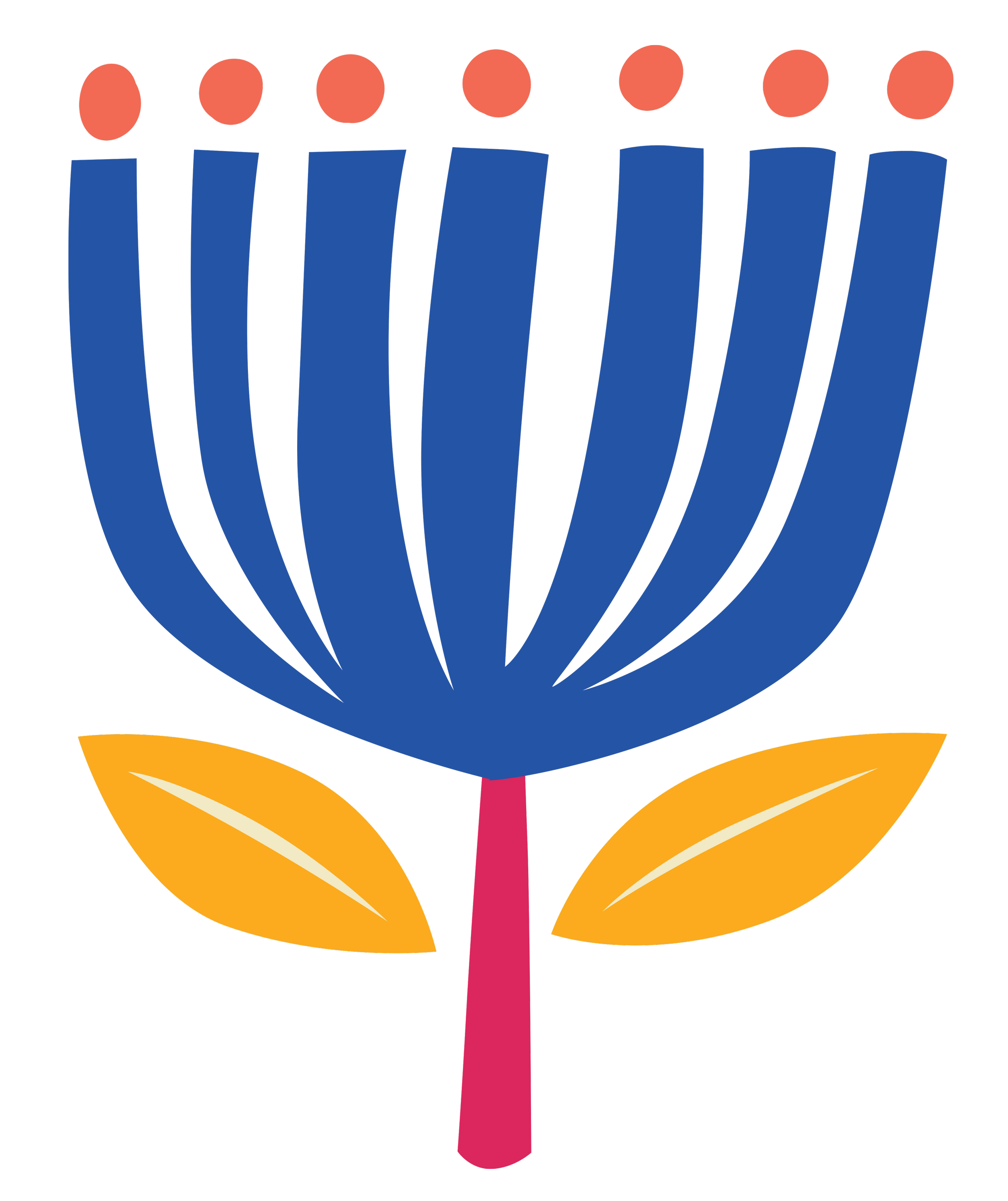 Stylized digital illustration of a flower with blue petals, yellow leaves, and a pink stem against a dark background.