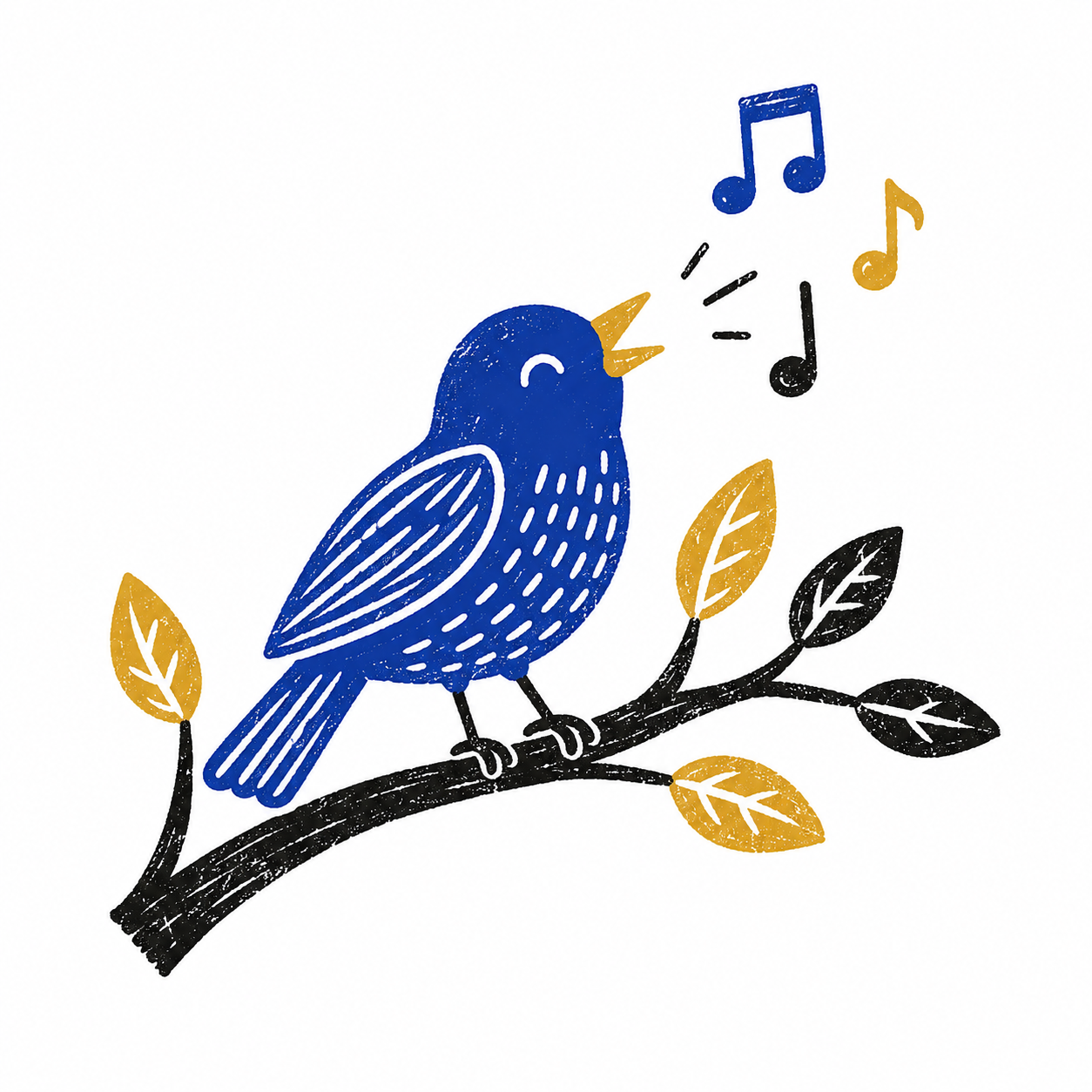 A stylized illustration of a blue bird singing on a black branch with gold and black leaves, with musical notes around its head.