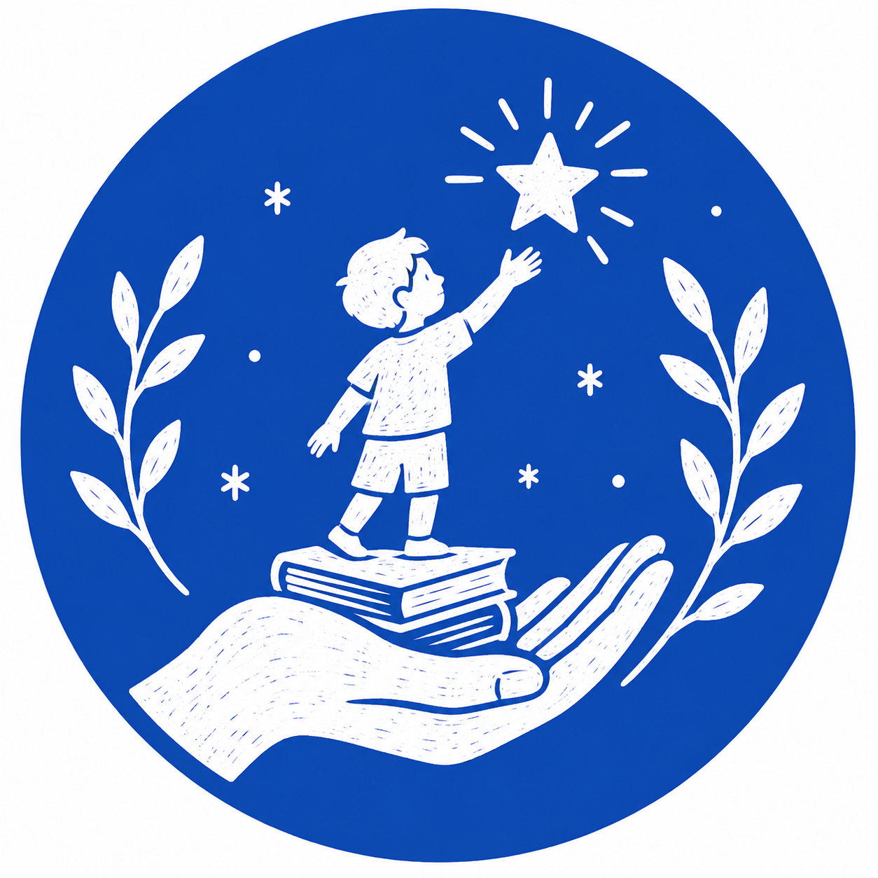 Illustration of a child standing on a stack of books, reaching for a glowing star in the night sky, surrounded by leaves and small stars, with a large hand holding the books.