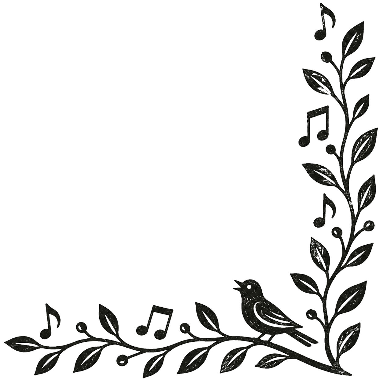 Decorative black frame with musical notes, leaves, and a bird on a branch along the edges.