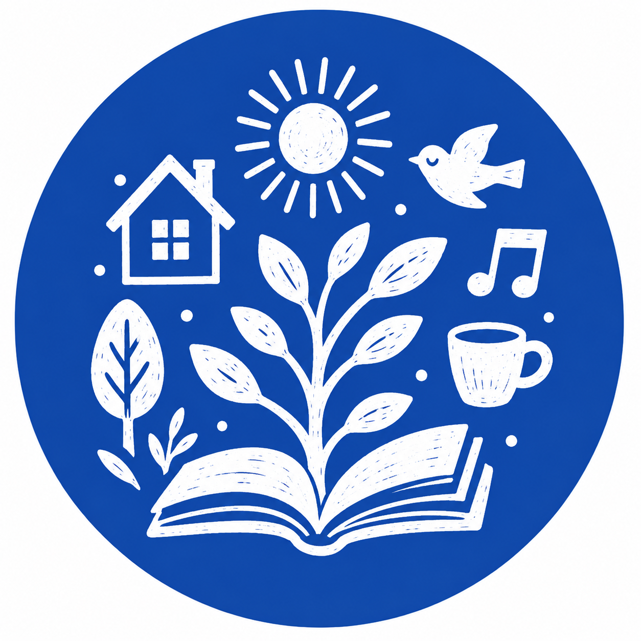 A blue circular background with white line drawings representing a house, sun, bird, plant, leaf, open book, mug, musical note, and small dots.