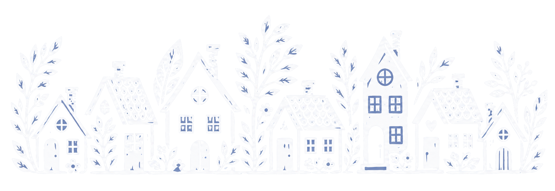 White illustration of a row of houses with trees and flowers on a black background.