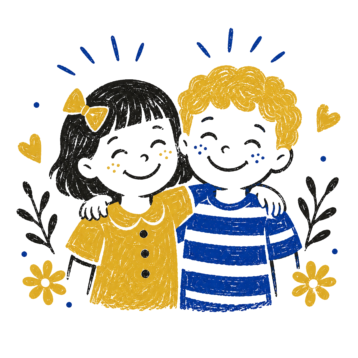 Drawing of a smiling boy and girl with arms around each other, surrounded by flowers and leaves, sharing a friendship.