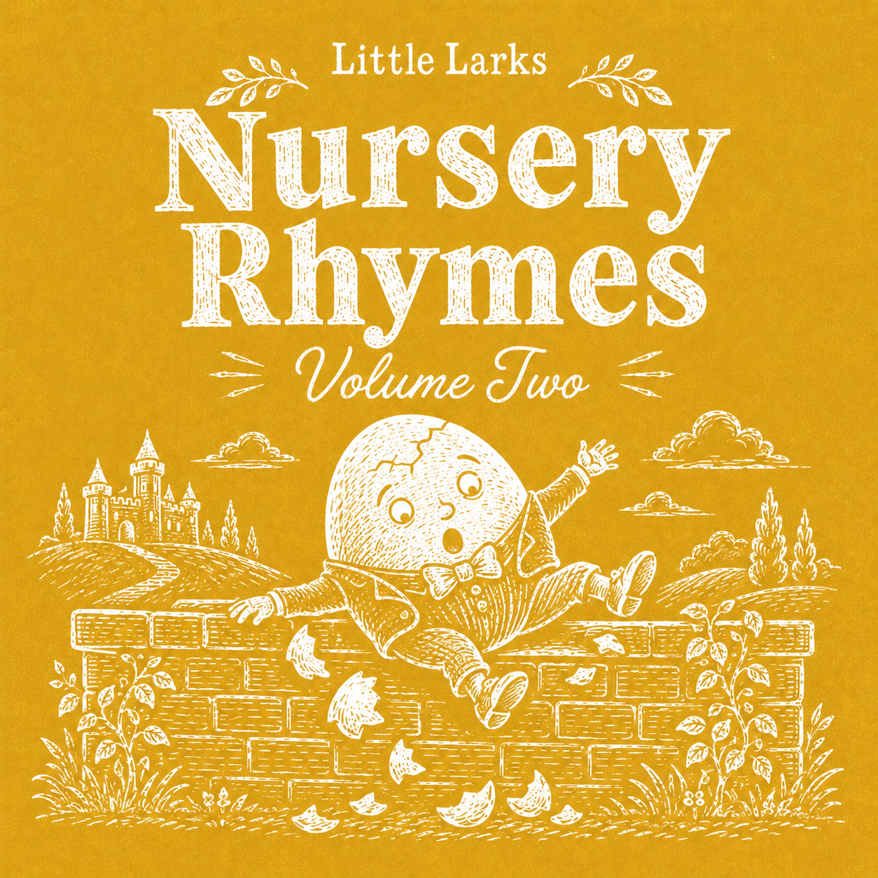 Book cover for 'Little Larks Nursery Rhymes Volume Two' featuring a cartoon egg character in a suit and bowtie, sitting on a brick wall with scattered eggshells, a castle on a hill in the background, and plants and clouds surrounding it.