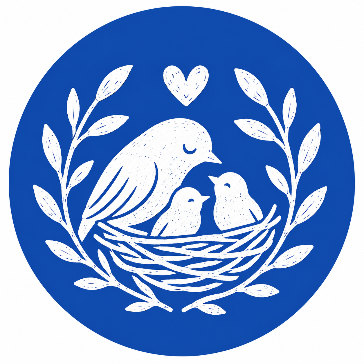 A blue circular emblem featuring a white outline of a bird's nest with three chicks, surrounded by leafy branches and a small heart above.