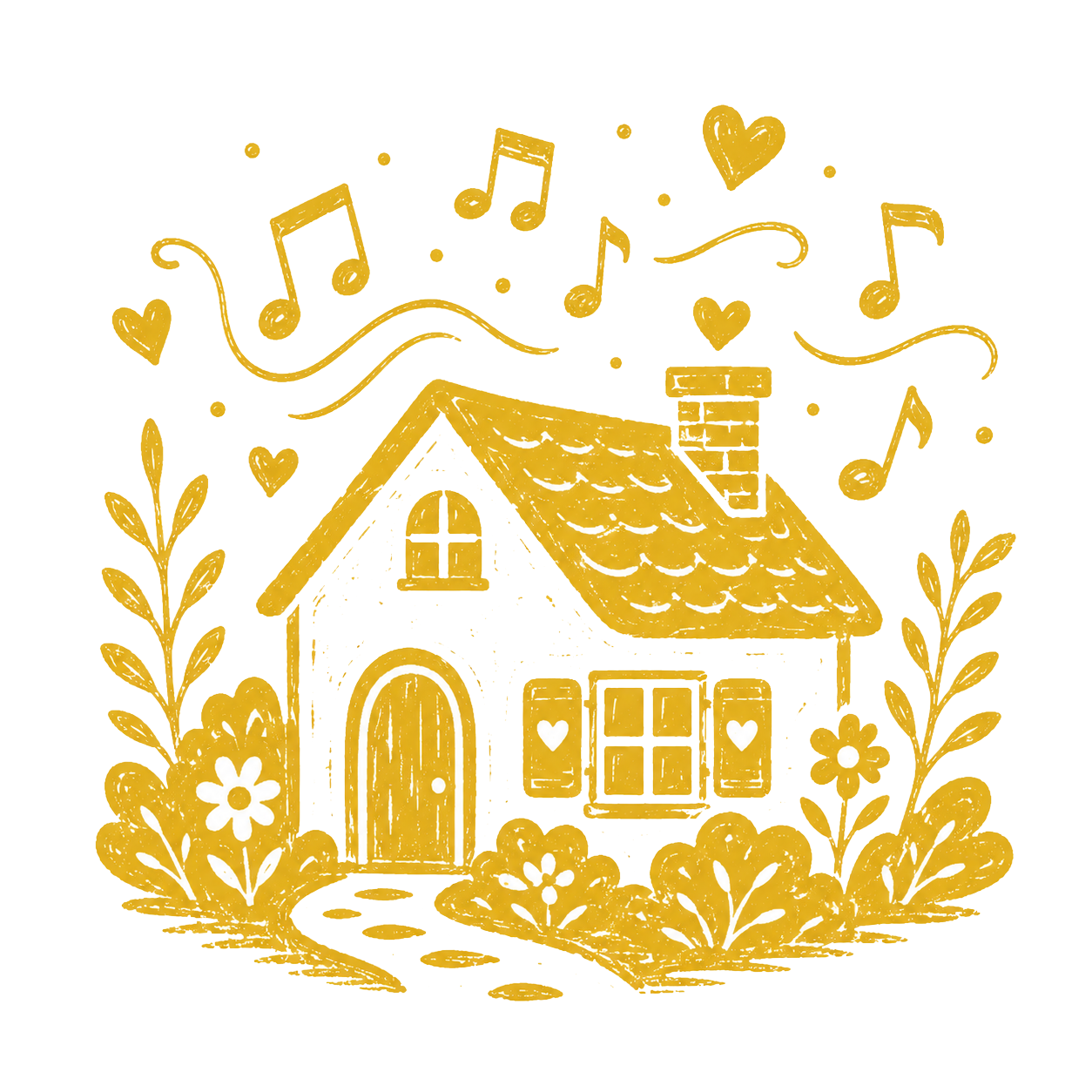Illustration of a cozy house with a tiled roof, surrounded by flowers and bushes, with musical notes and hearts floating above, depicting a cheerful, musical atmosphere.