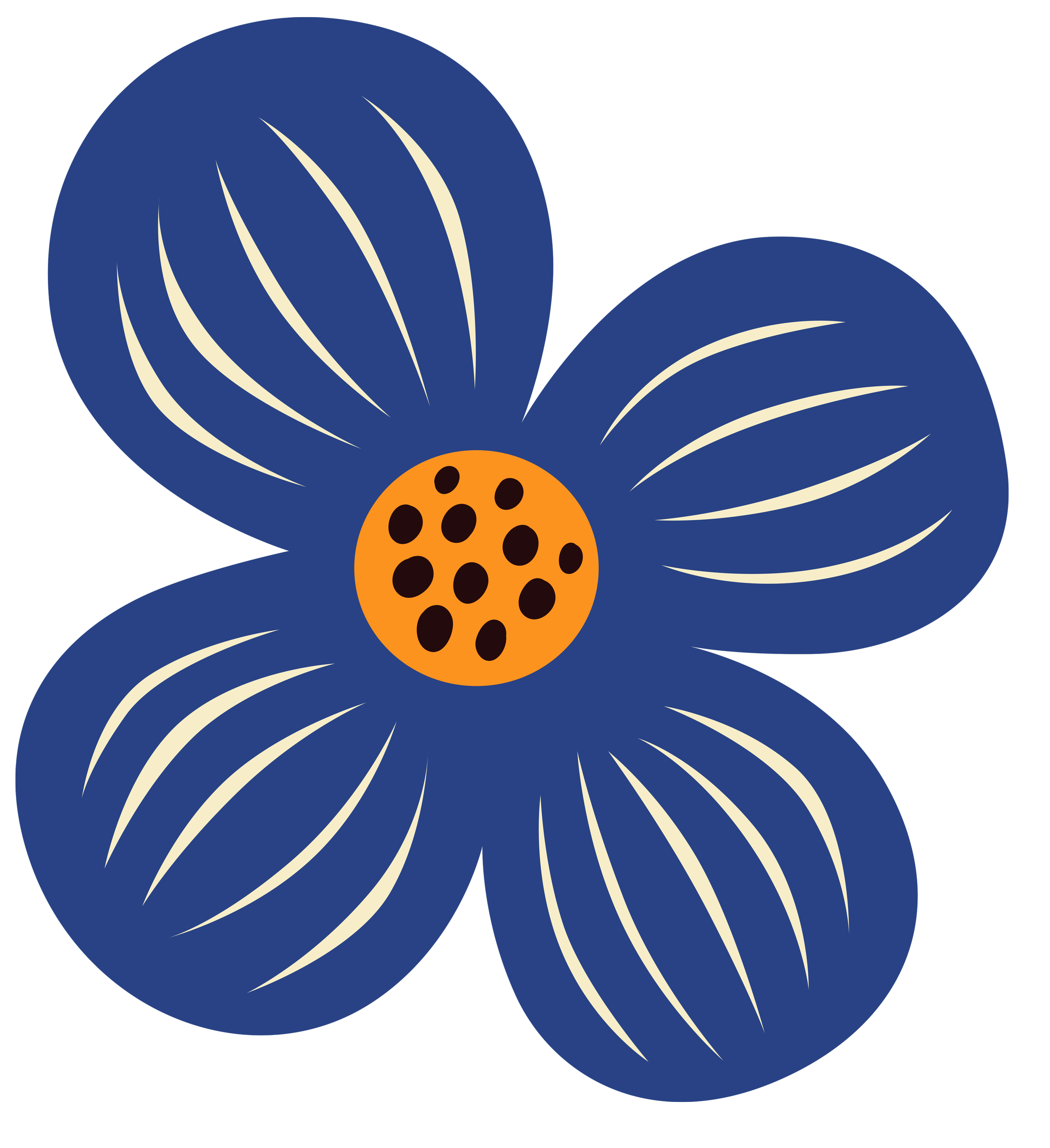 Illustration of a blue flower with five petals, each having white streaks, a round orange center with black spots, and a black background.