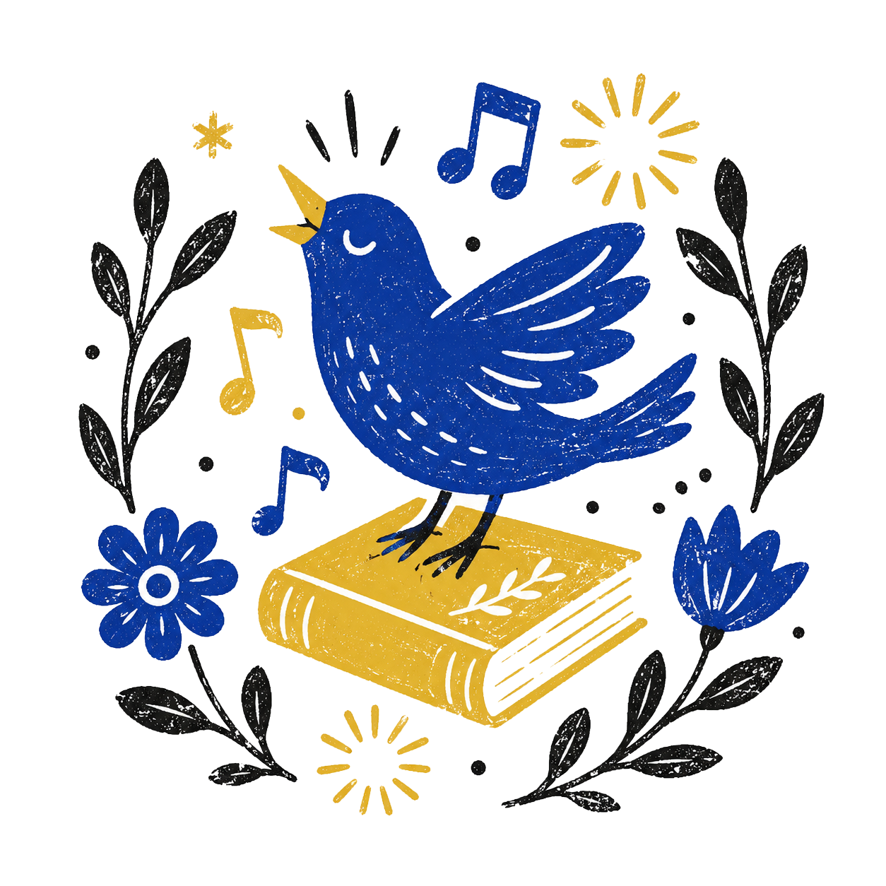 Illustration of a blue bird singing, standing on a yellow book, surrounded by flowers, leaves, musical notes, and decorative elements.
