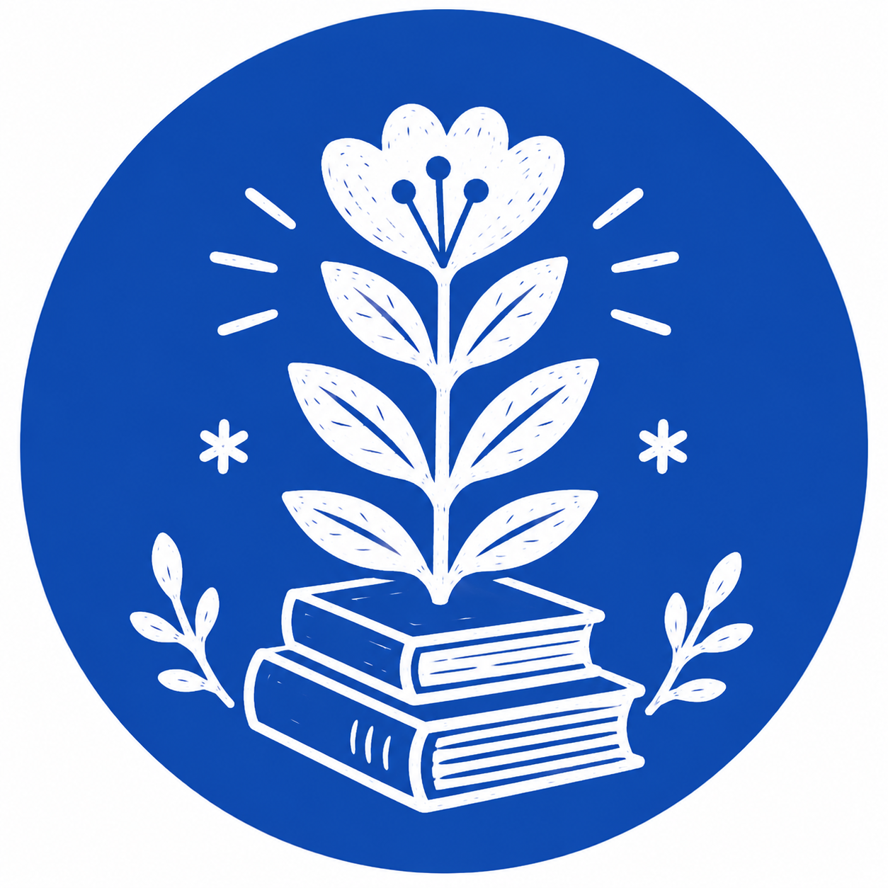 A blue circular emblem featuring a stack of three books with a plant growing from the top book, surrounded by small decorative elements like stars and leaves.