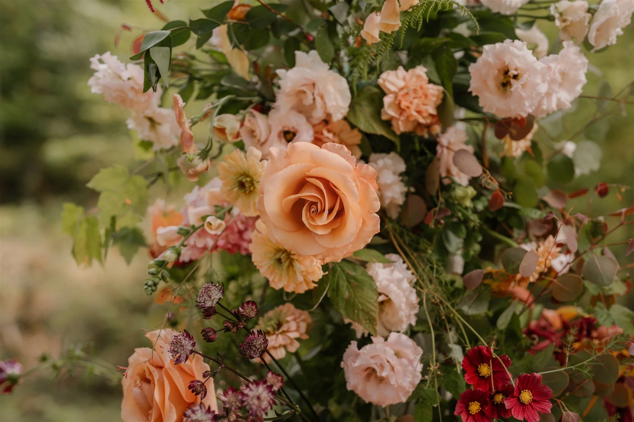 Un bouquet de fleurs de différentes couleurs, principalement en tons pastel, avec une rose centrale beige, entourée de fleurs roses, jaunes, rouges et avec des feuilles vertes.