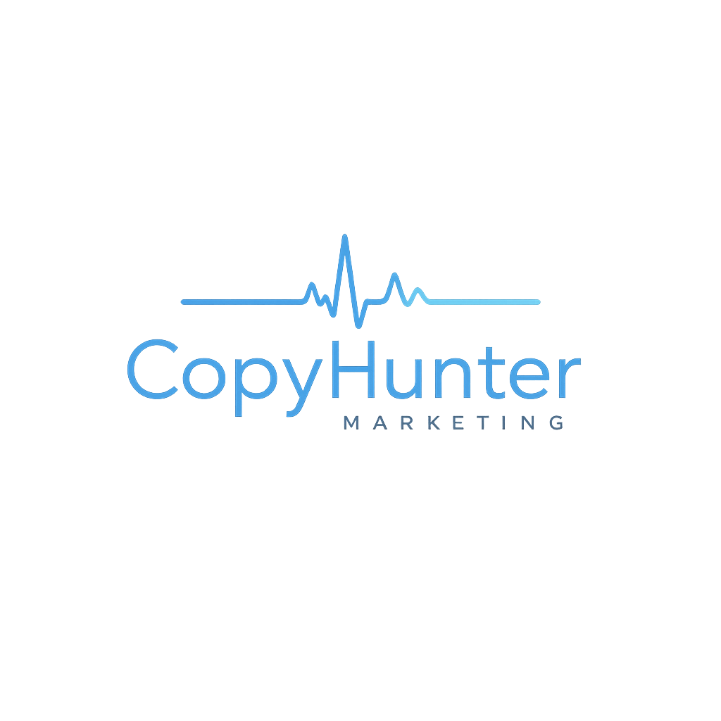 Logo for CopyHunter Marketing featuring a stylized EKG line and the company name in blue
