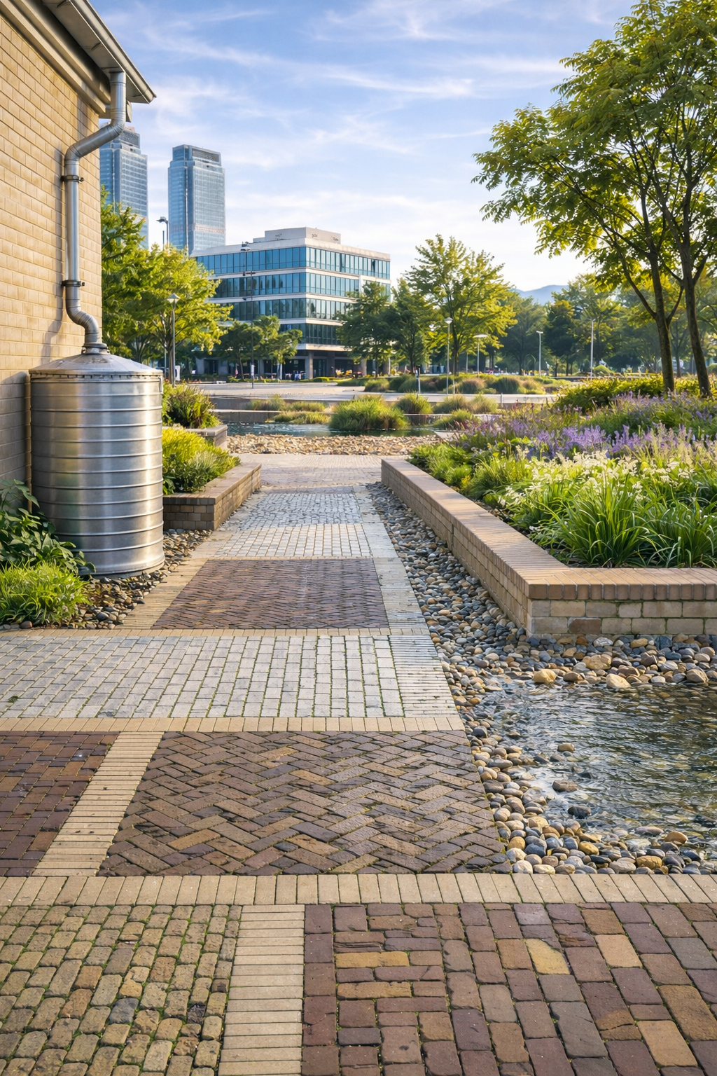 Güzel şehir parkı, taşlı yürüyüş yolu ve bitkiyle süslenmiş alanlar, modern yüksek binalar ve ağaçlar, güneşli gökyüzü.