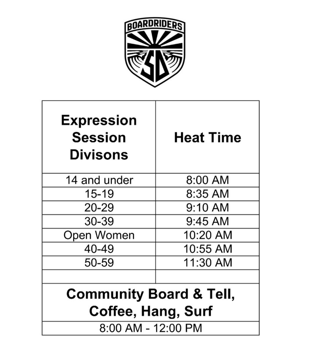 Schedule for our community event tomorrow. Shout out to @ob.beans who will be providing the goods for our time at the beach. Look forward to seeing YOU! #sandiegoboardriders