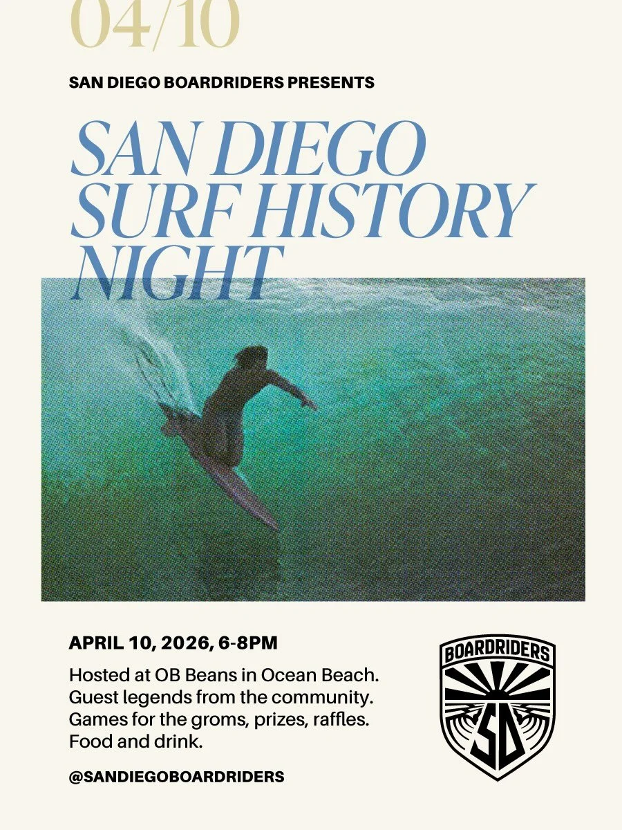 EVENT REMINDER! A double header this weekend. Tomorrow night at OB Beans from 6-8pm we&rsquo;ll be having a little SD Surf History night. A great time to get the community together to hang, share some food and drinks and learn a little more about the