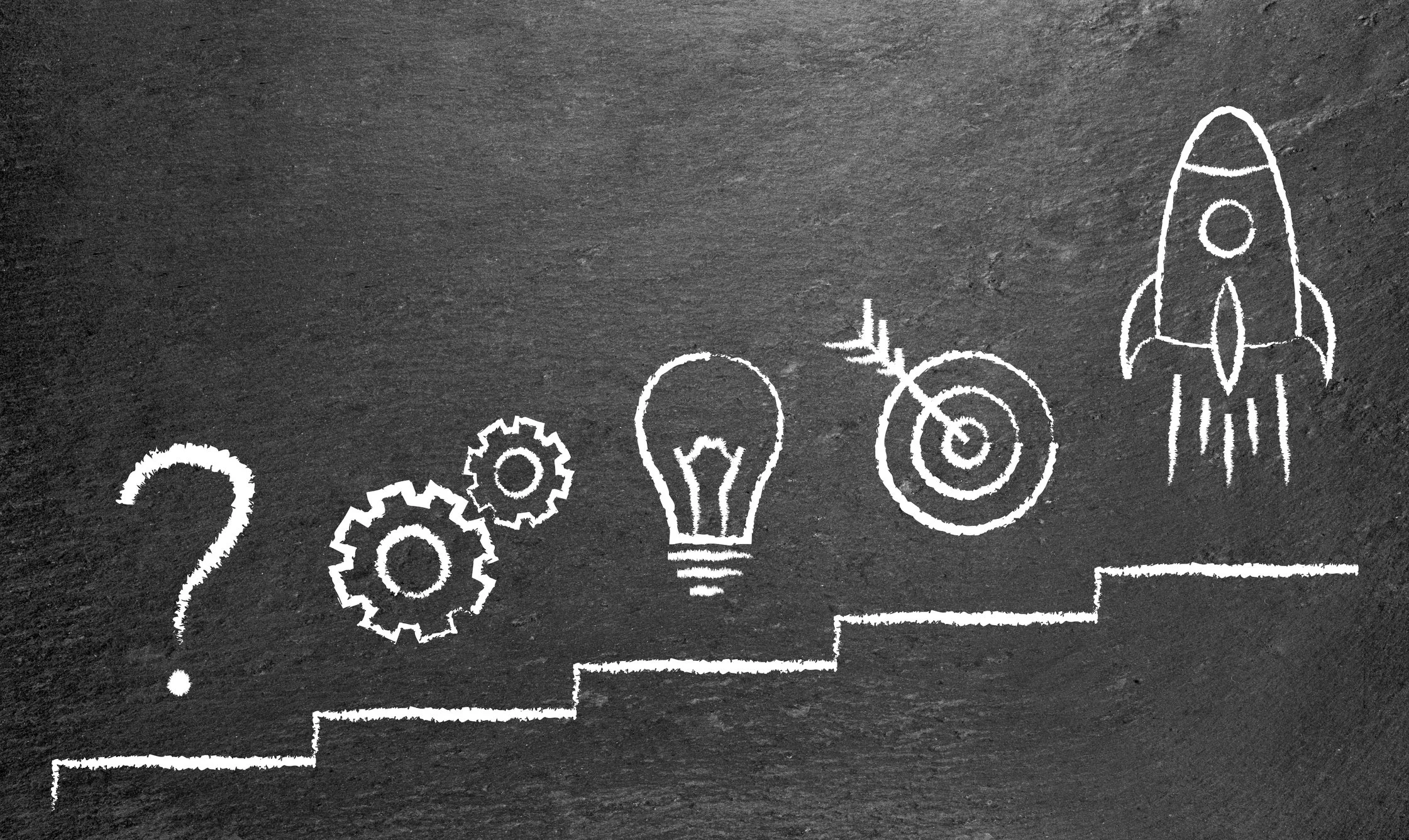 Chalk drawing of a staircase leading to a rocket ship with a question mark, gears, a lightbulb, a target, and a rocket on a blackboard.