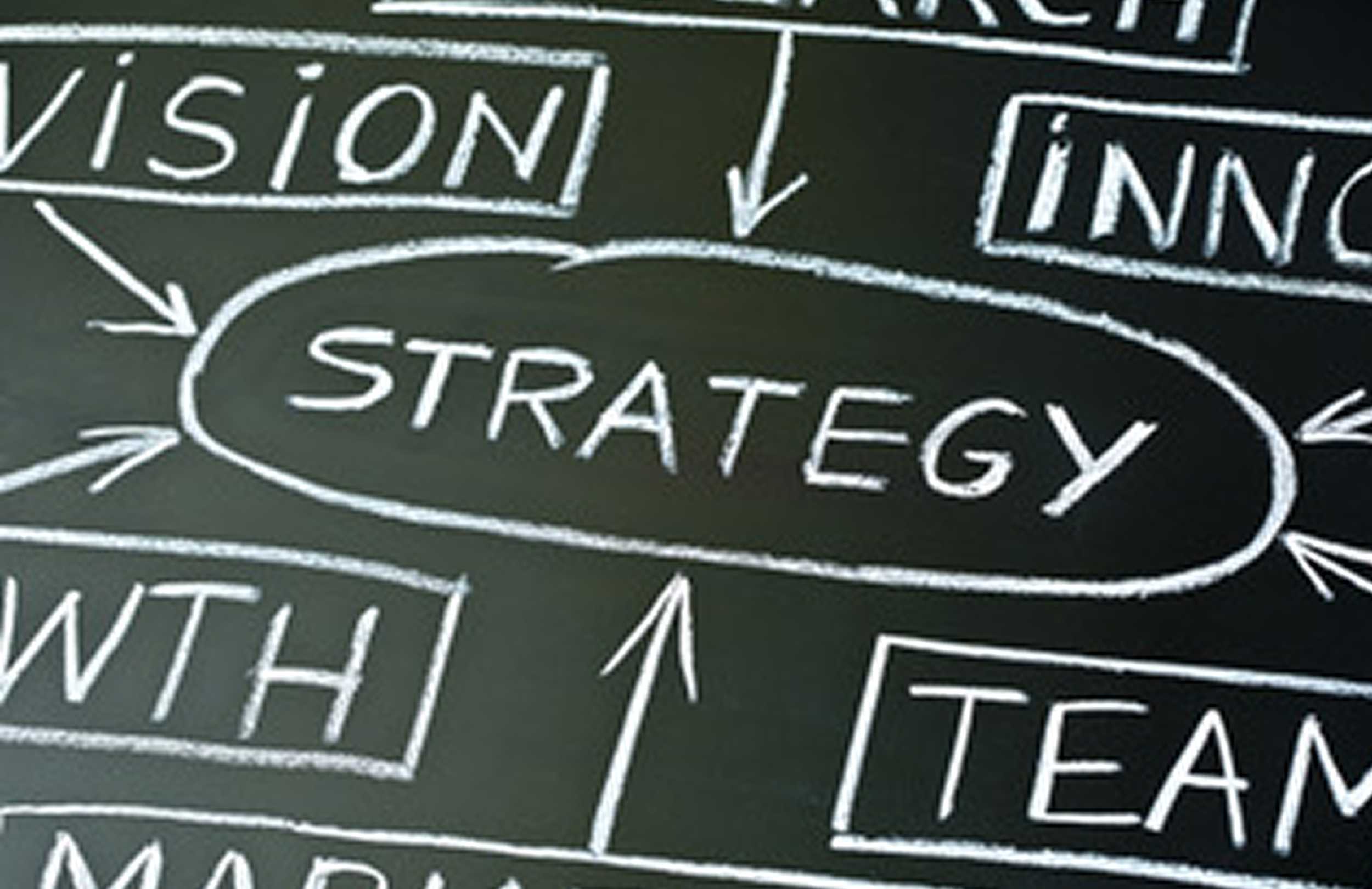 A chalkboard with the word 'Strategy' written in the center and surrounded by arrows pointing to words like 'Vision,' 'Team,' and 'Purpose,' illustrating strategic planning concepts.