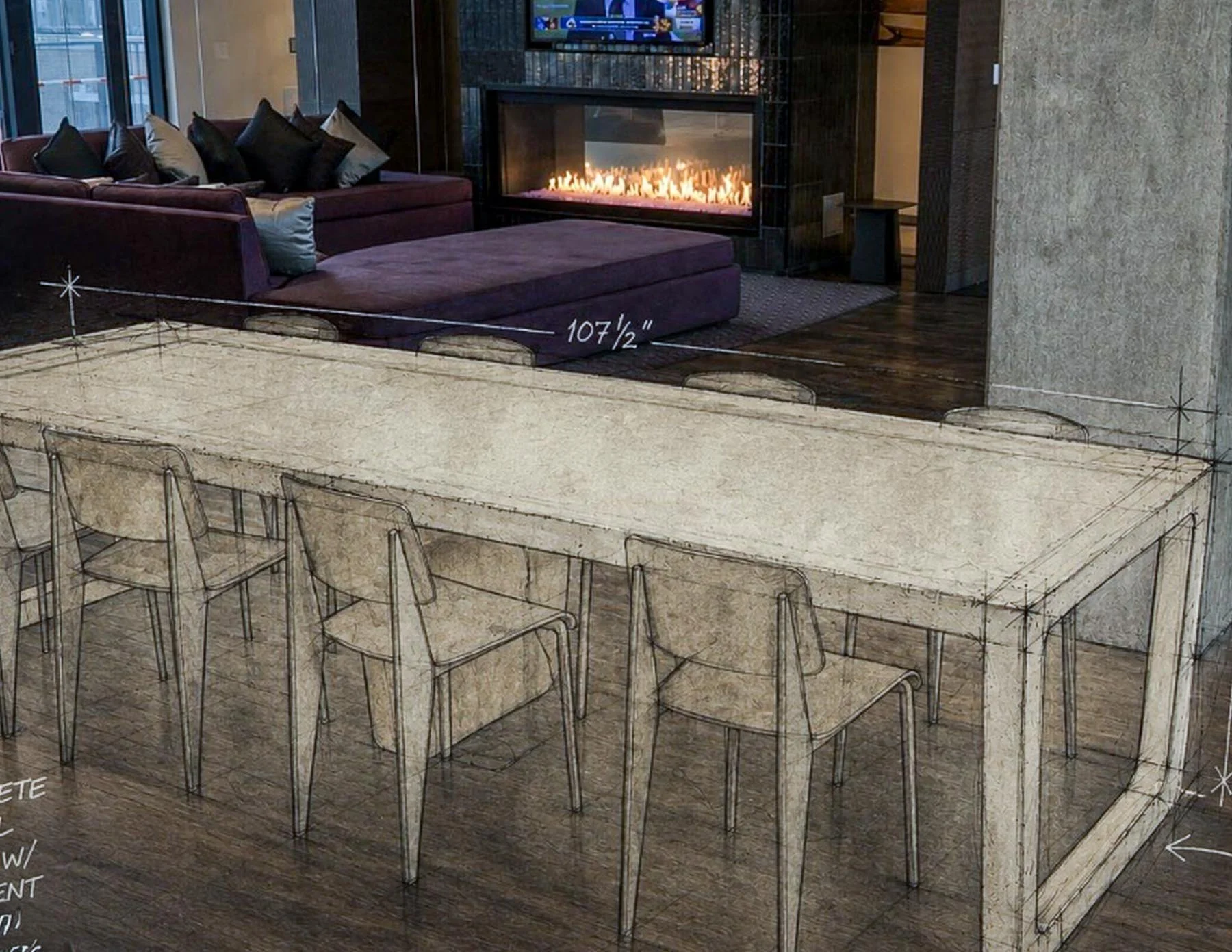 Architectural concrete table installation shown as a design paper wrapped study within a finished hospitality interior, illustrating the evolution from concept to completed custom furnishing. action:wrapped