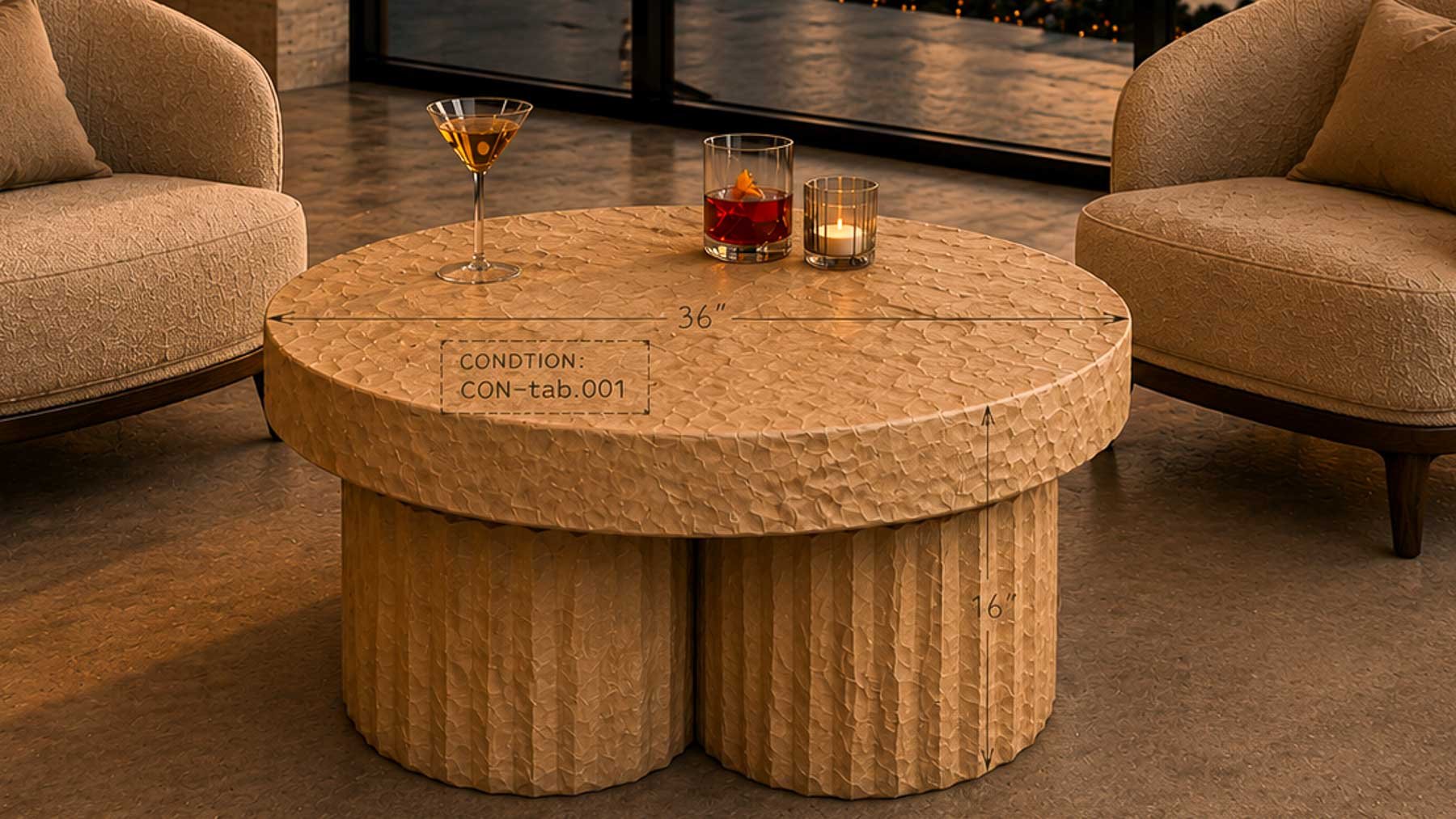 Paper-wrapped fluted concrete table positioned in a refined interior environment, illustrating development sketches, dimensions, and condition-driven design methodology from The Concrete Anomaly.