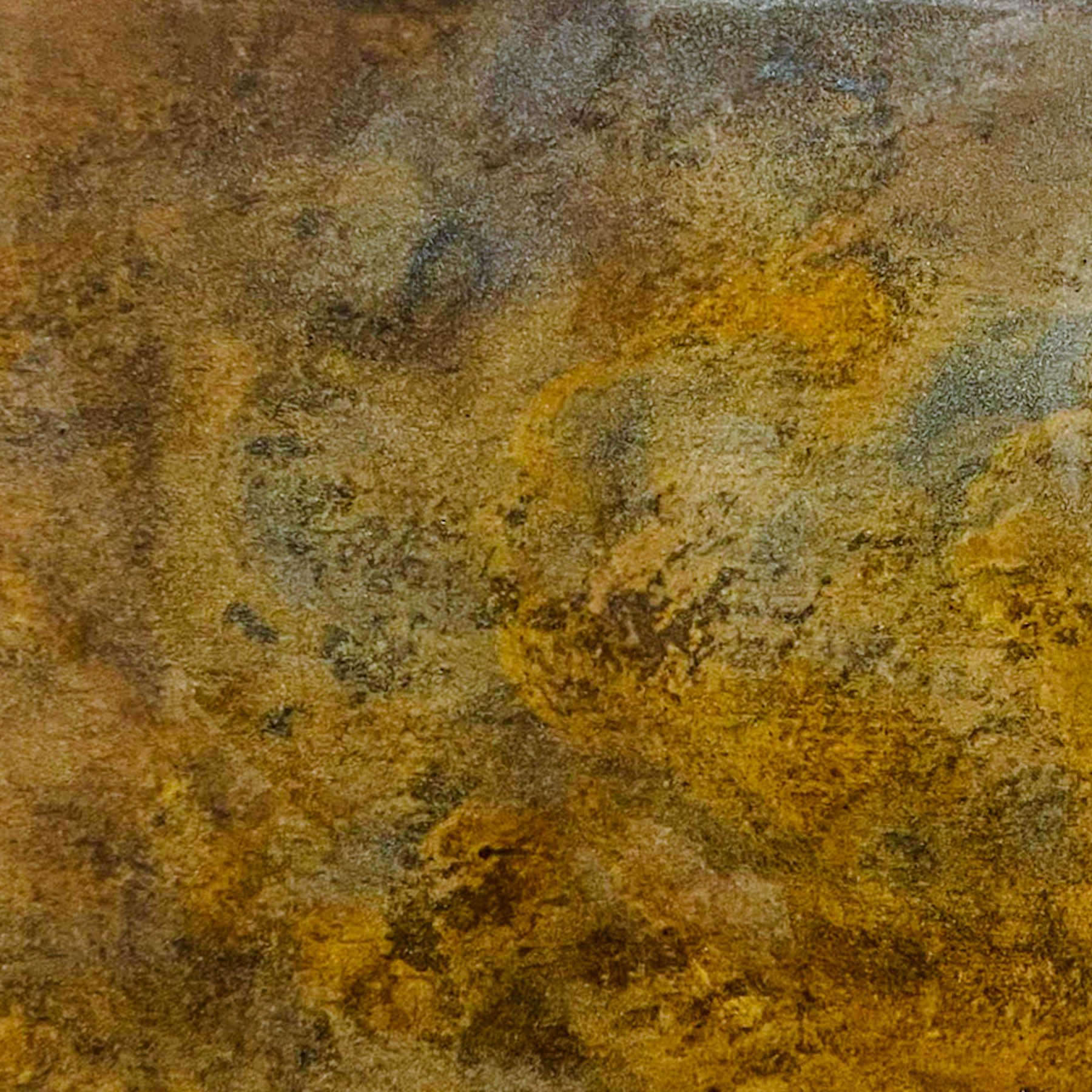 Close-up detail of an oxidized concrete surface featuring layered tobacco, ochre, and gray mineral activity with weathered geological patterns.