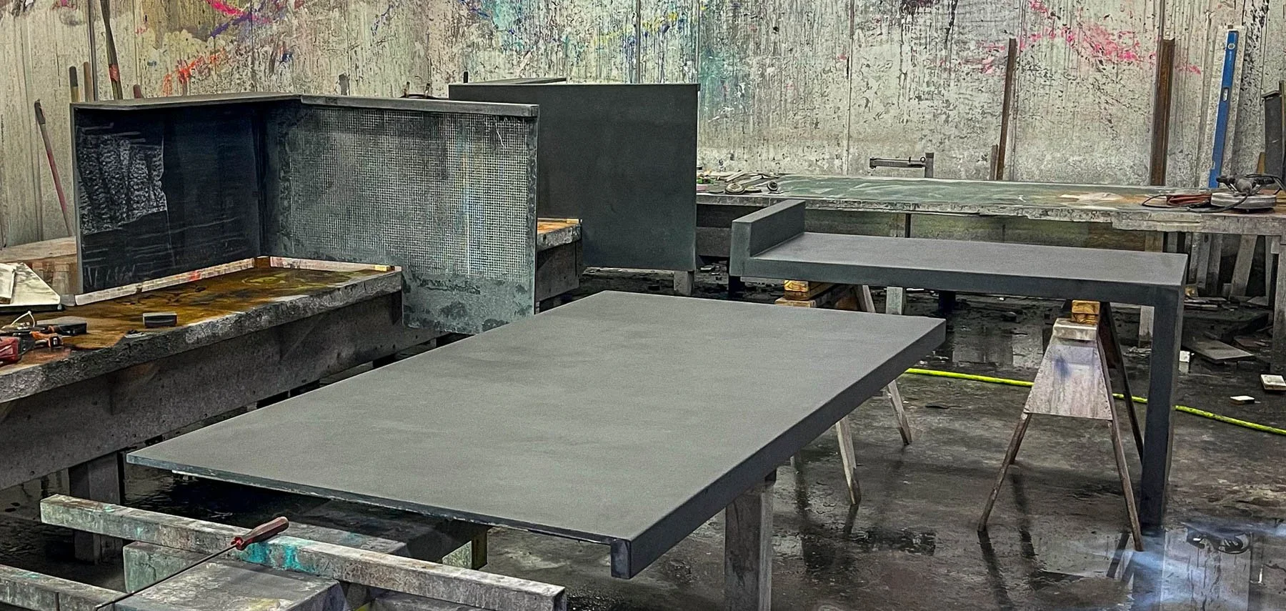 Fabrication of large-format monolithic concrete countertop elements for the Miller Lite Pavilion at M&T Bank Stadium by The Concrete Anomaly in Baltimore, Maryland.