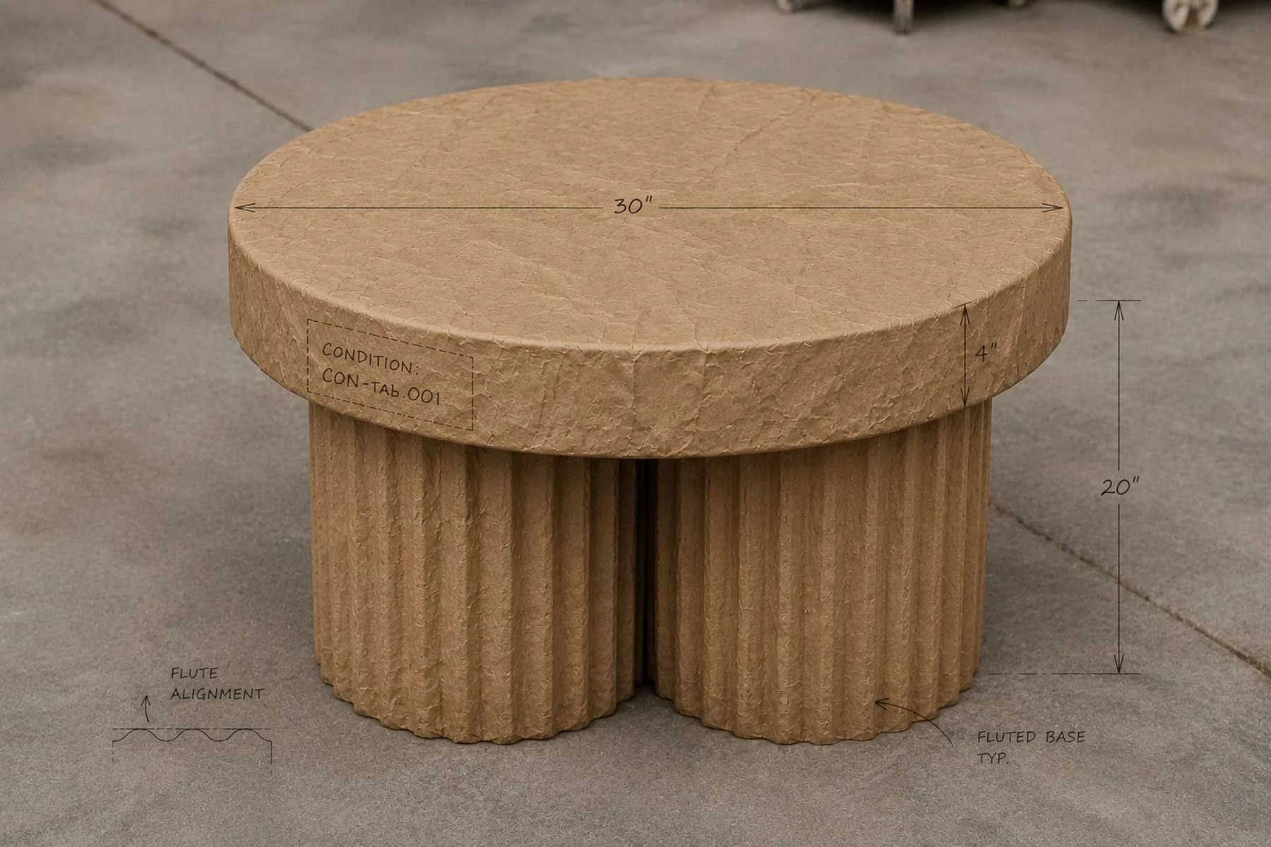 FLUTED TOBACCO side table shown in Paper Wrapped form with CONDITION documentation, dimensional references, and fluted base detailing by The Concrete Anomaly. action:wrapped