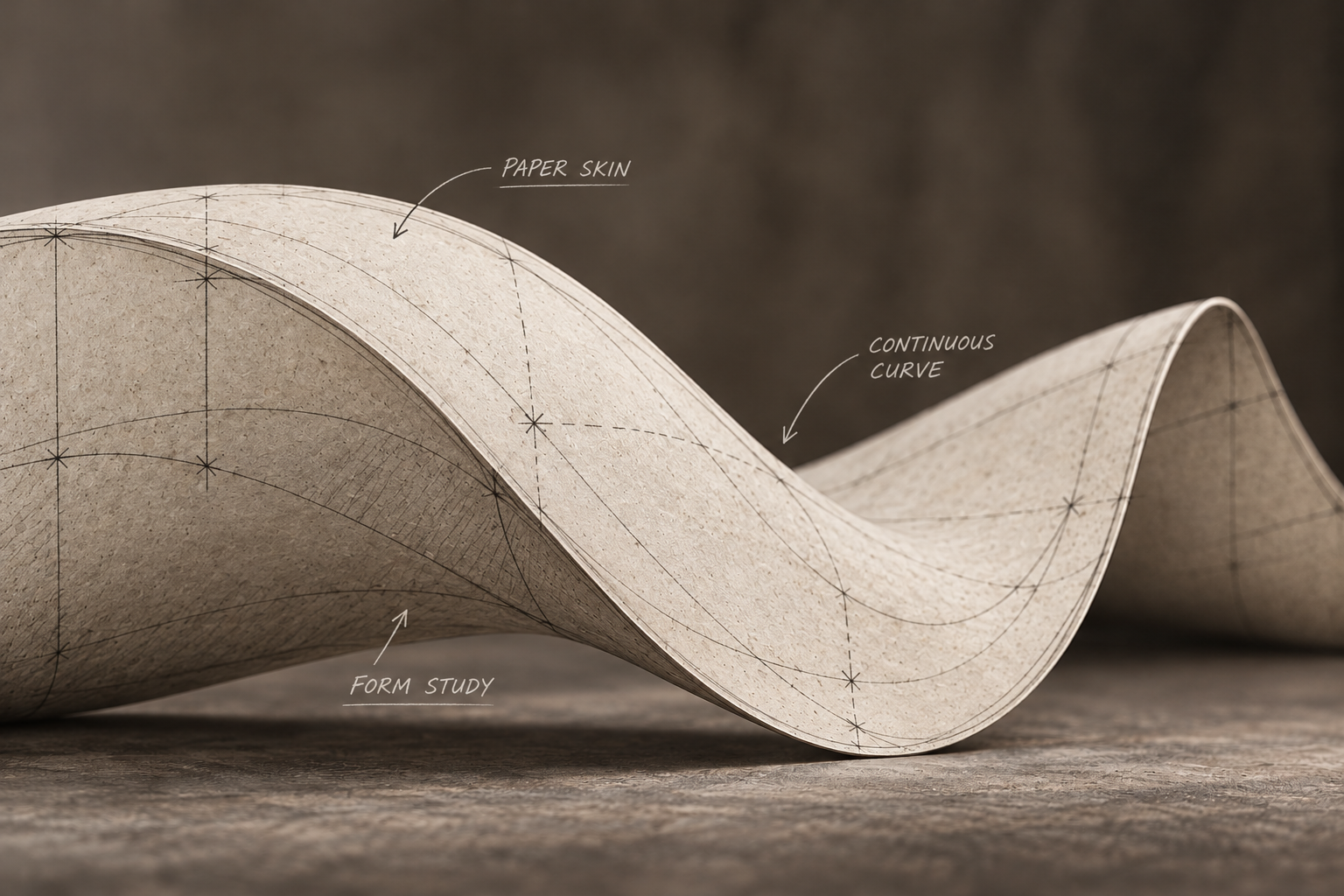 Conceptual paper-wrapped study of a flowing concrete form, with graphite contours and handwritten architectural notes illustrating the SHIFT philosophy. action:wrapped