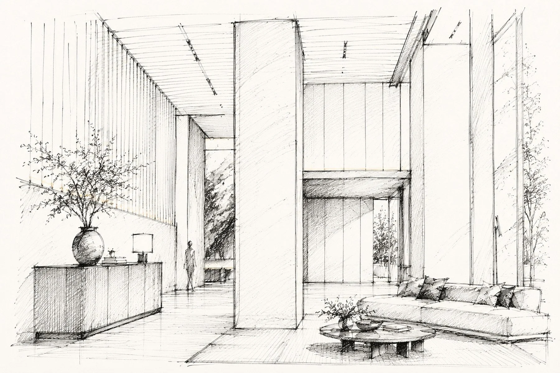 Vertical architectural concept sketch illustrating a luxury hospitality interior with paper wrapped concrete interventions including a custom console, monolithic column, statement walls, and bespoke furnishings by The Concrete Anomaly. action:wrapped
