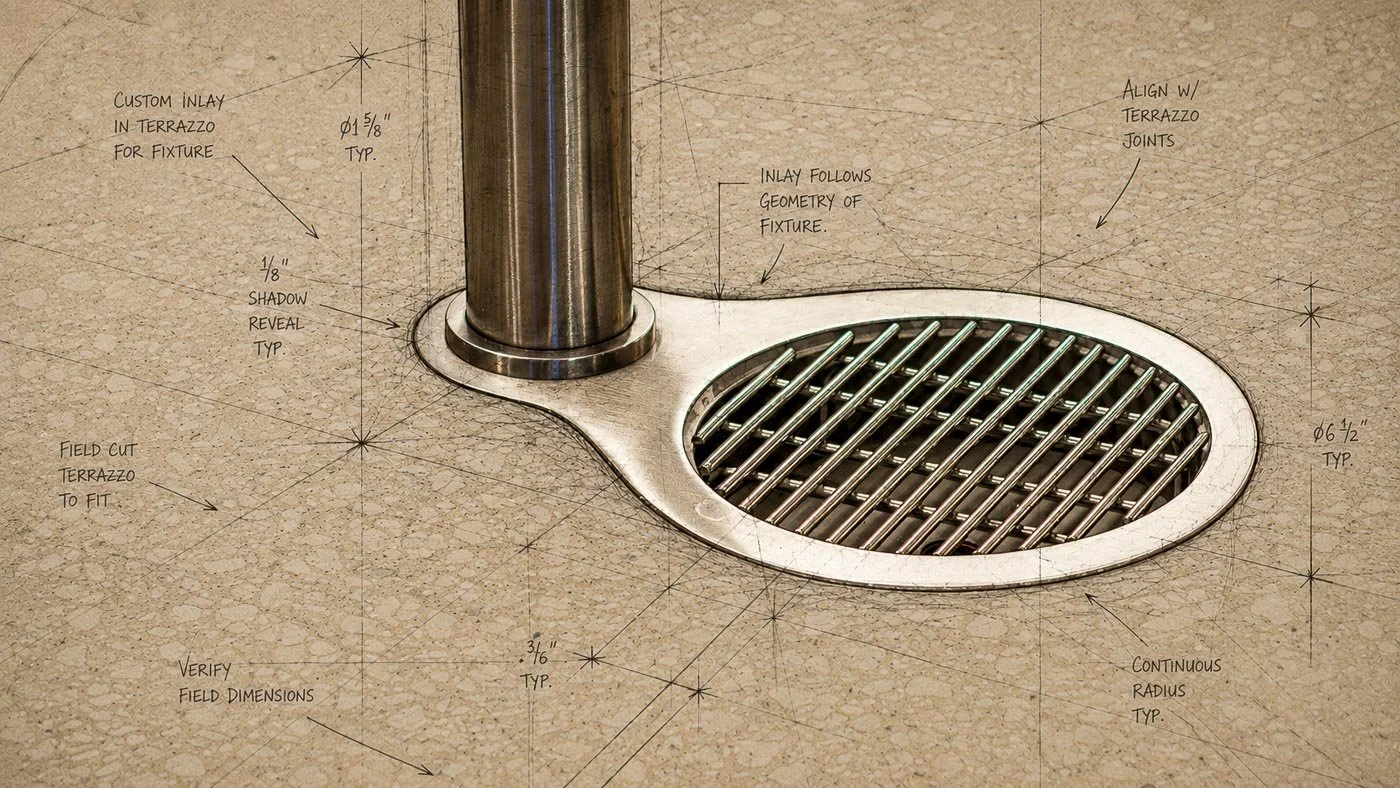 Architectural drawing and technical blueprint paper wrapped overlay of a custom integrated terrazzo floor drain detail for a modern entry threshold. action:wrapped