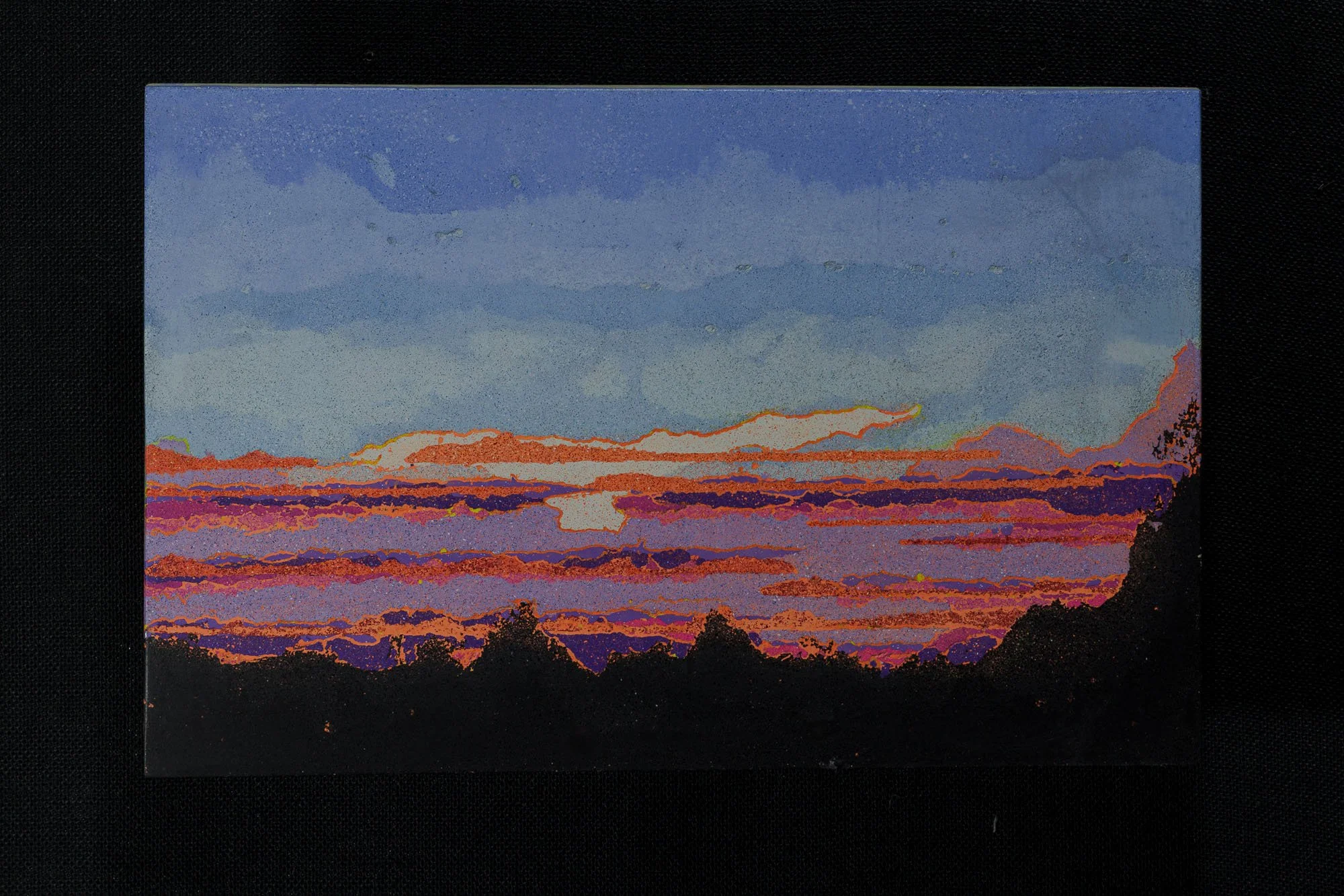 Micro terrazzo concrete artifact panel with layered sunset horizon composition and mineral pigment detail