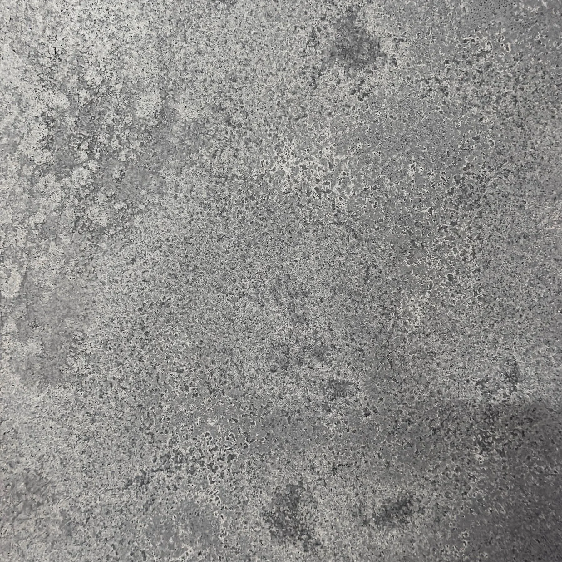 Close-up detail of a heavily textured concrete surface featuring layered mineral activity, weathered gray tones, and complex surface variation.