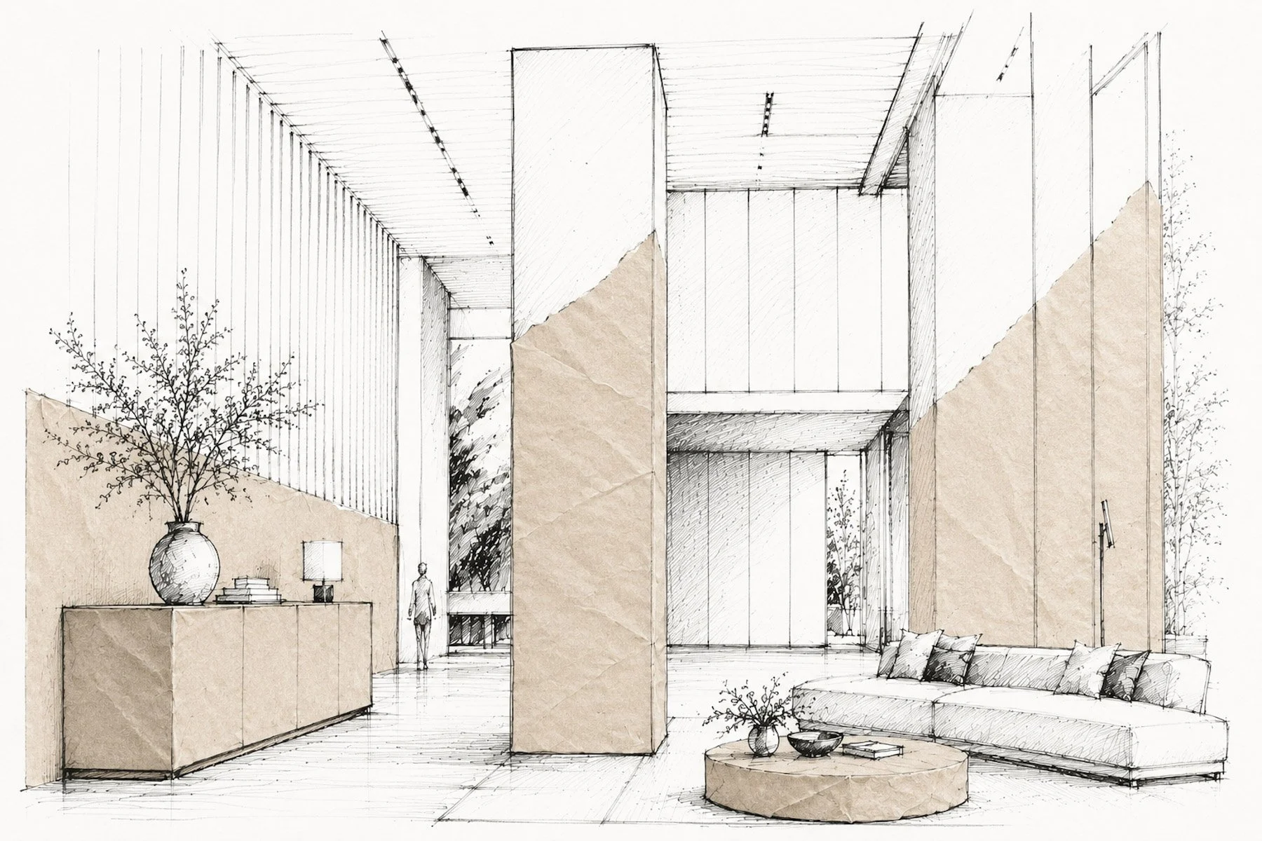Hand-drawn architectural concept sketch of a luxury hospitality lobby featuring paper wrapped concrete interventions including a monolithic column, statement walls, and custom furnishings within a contemporary interior environment.
