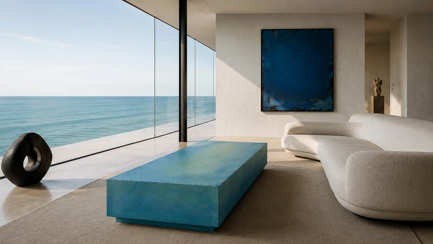Turquoise concrete coffee table in a luxury coastal living room with floor-to-ceiling glass and ocean views.