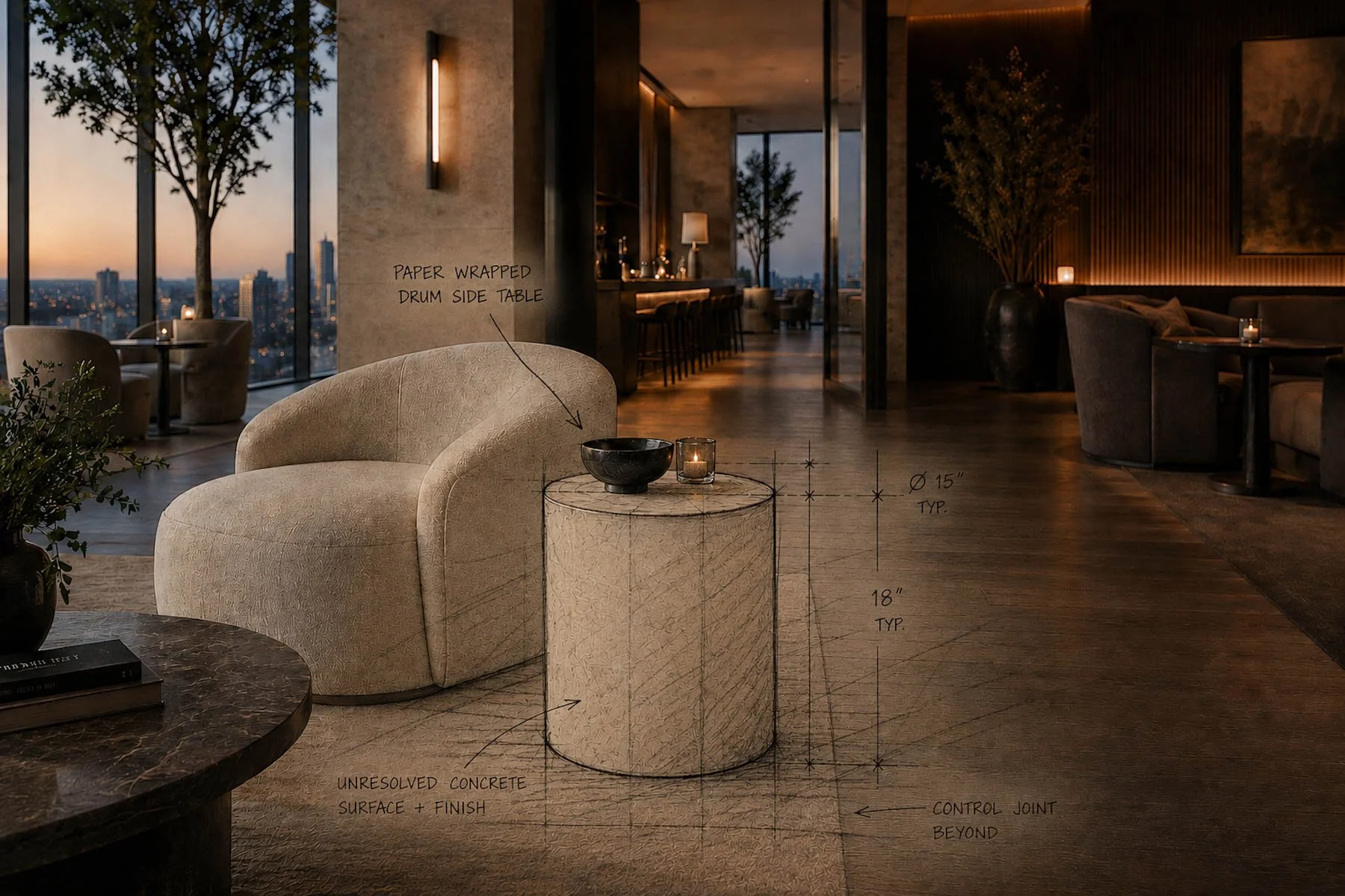 Paper-wrapped cylindrical drum side table concept illustrated within a contemporary hospitality lounge interior. action:wrapped