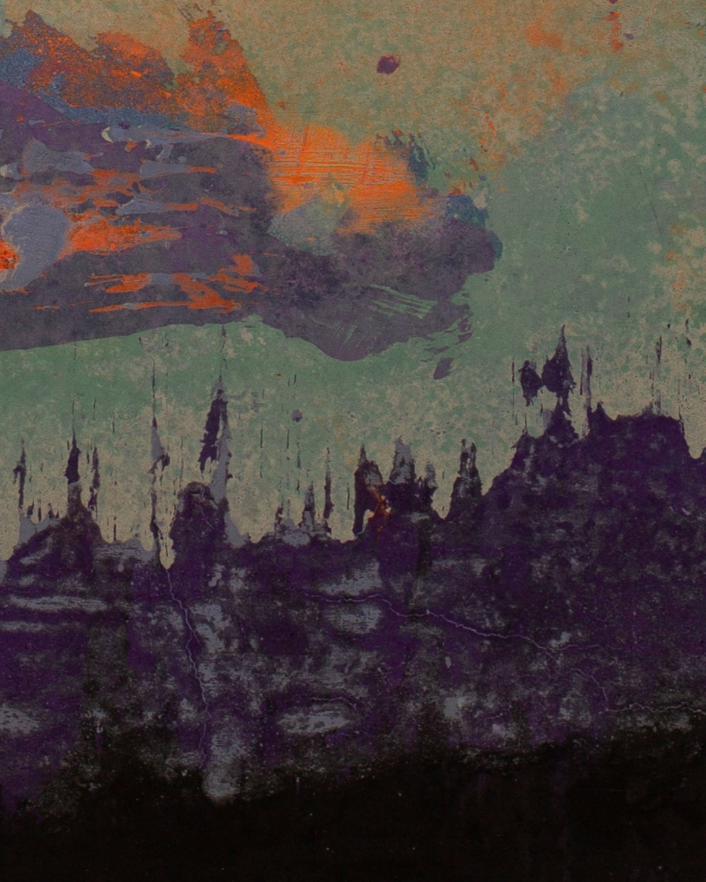 Pigmented concrete artifact surface with layered black, orange, and mineral patina textures