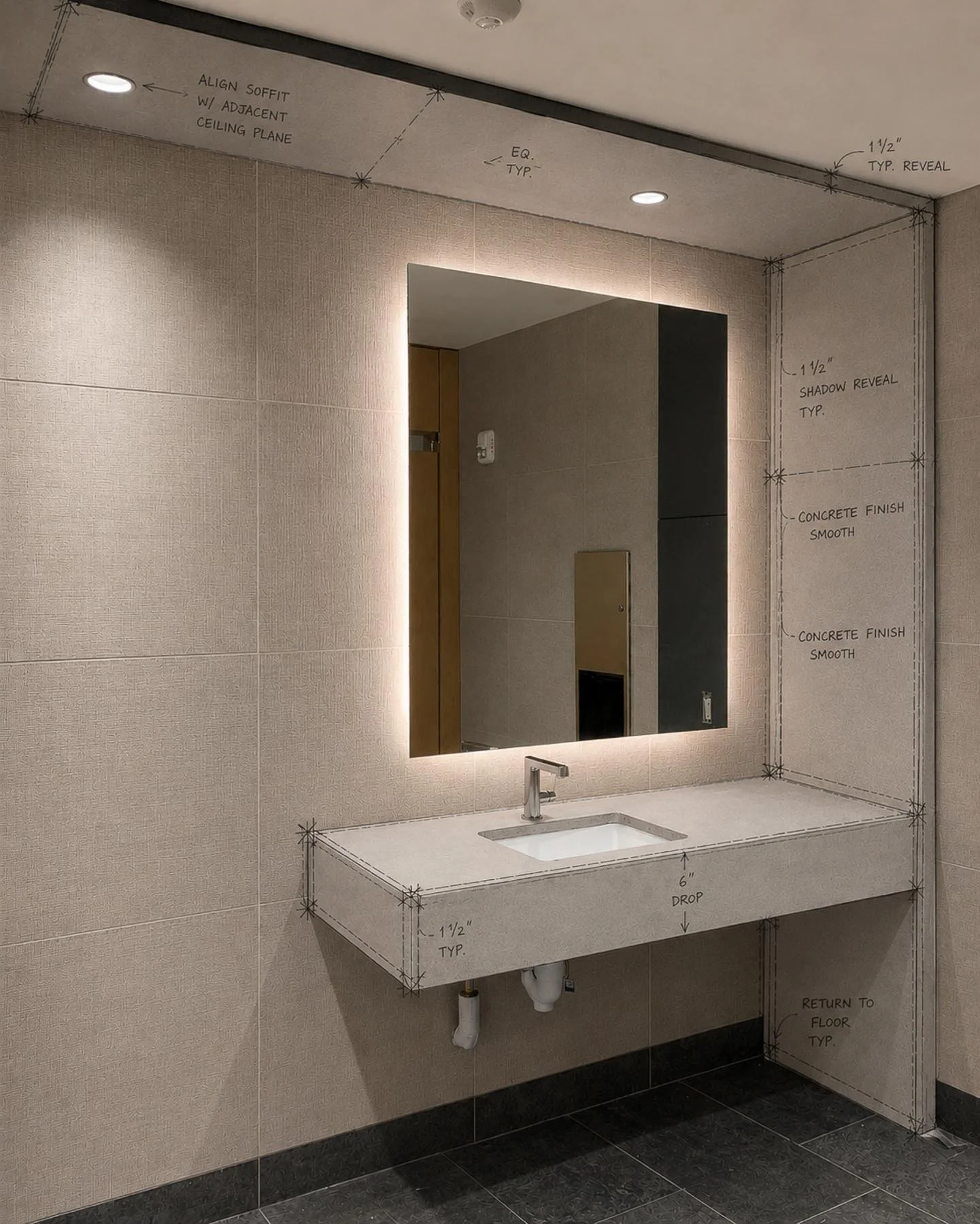 Architectural blueprint and technical drawing of a paper wrapped floating concrete vanity with an integrated sink. action:wrapped