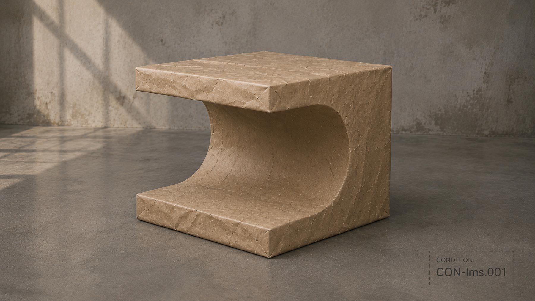 Paper-wrapped sculptural side table featuring a curved interior void and geometric monolithic form.